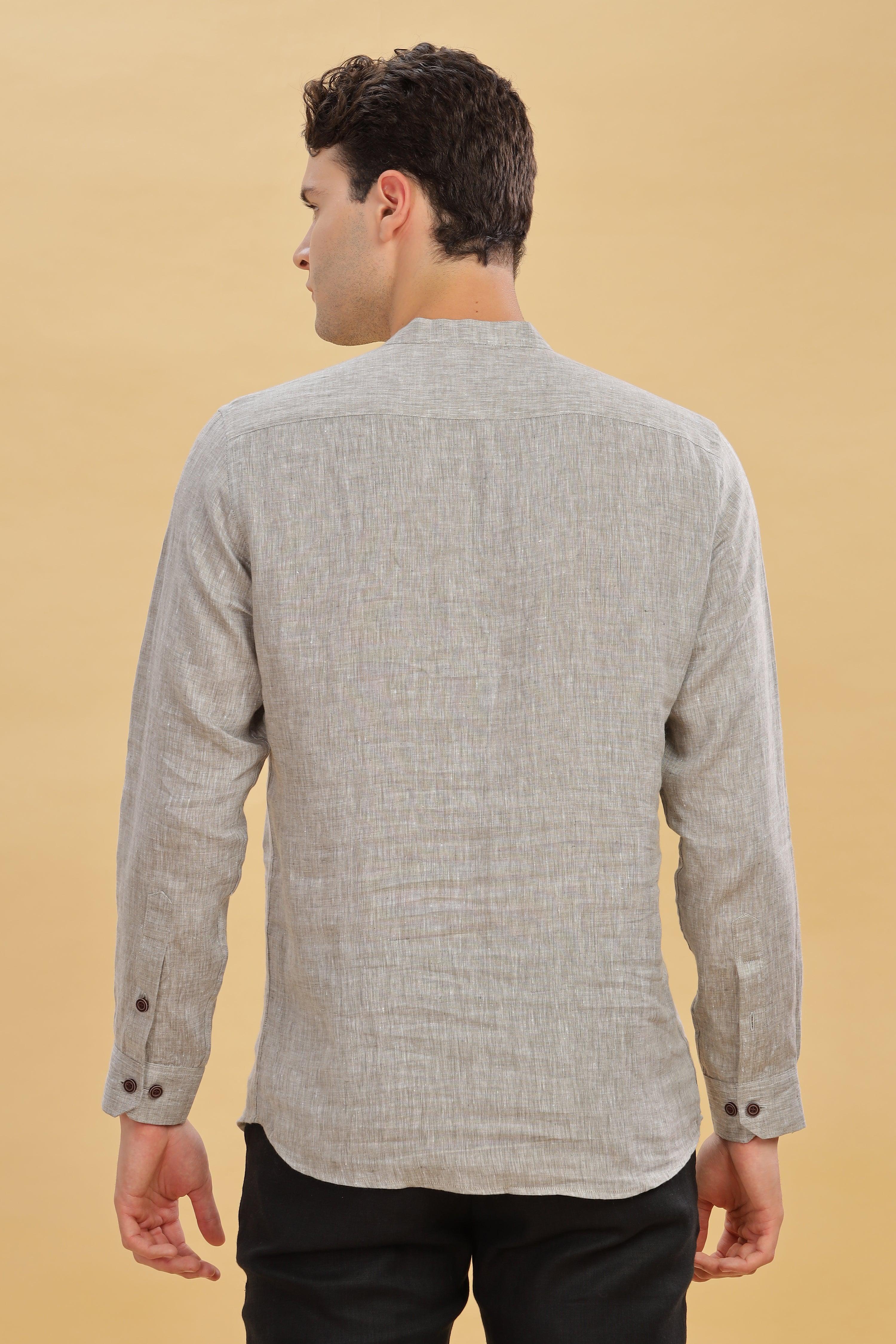 NILE Long Sleeves - 100% Pure Linen Half Placket Grey Chambray Shirt