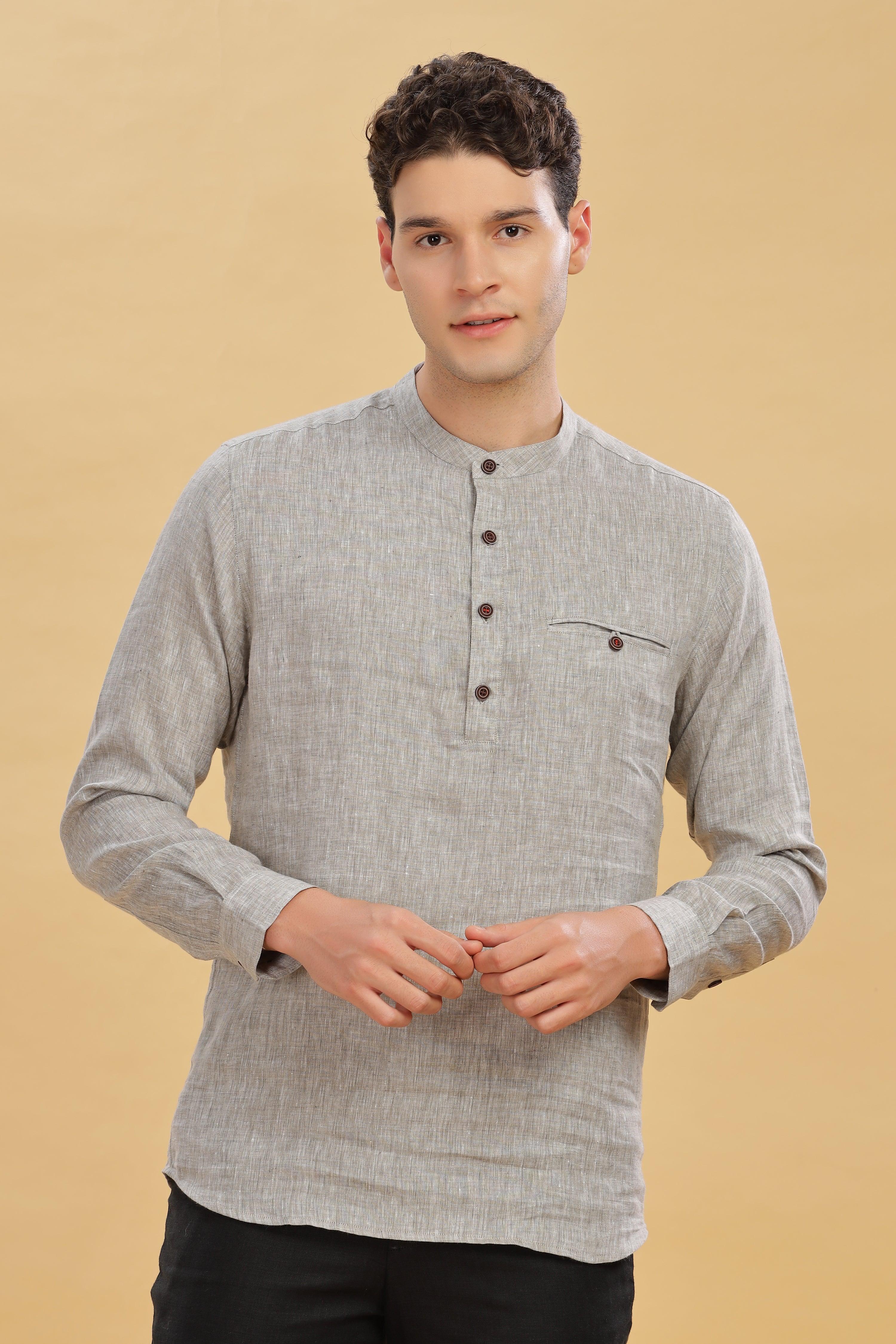 NILE Long Sleeves - 100% Pure Linen Half Placket Grey Chambray Shirt