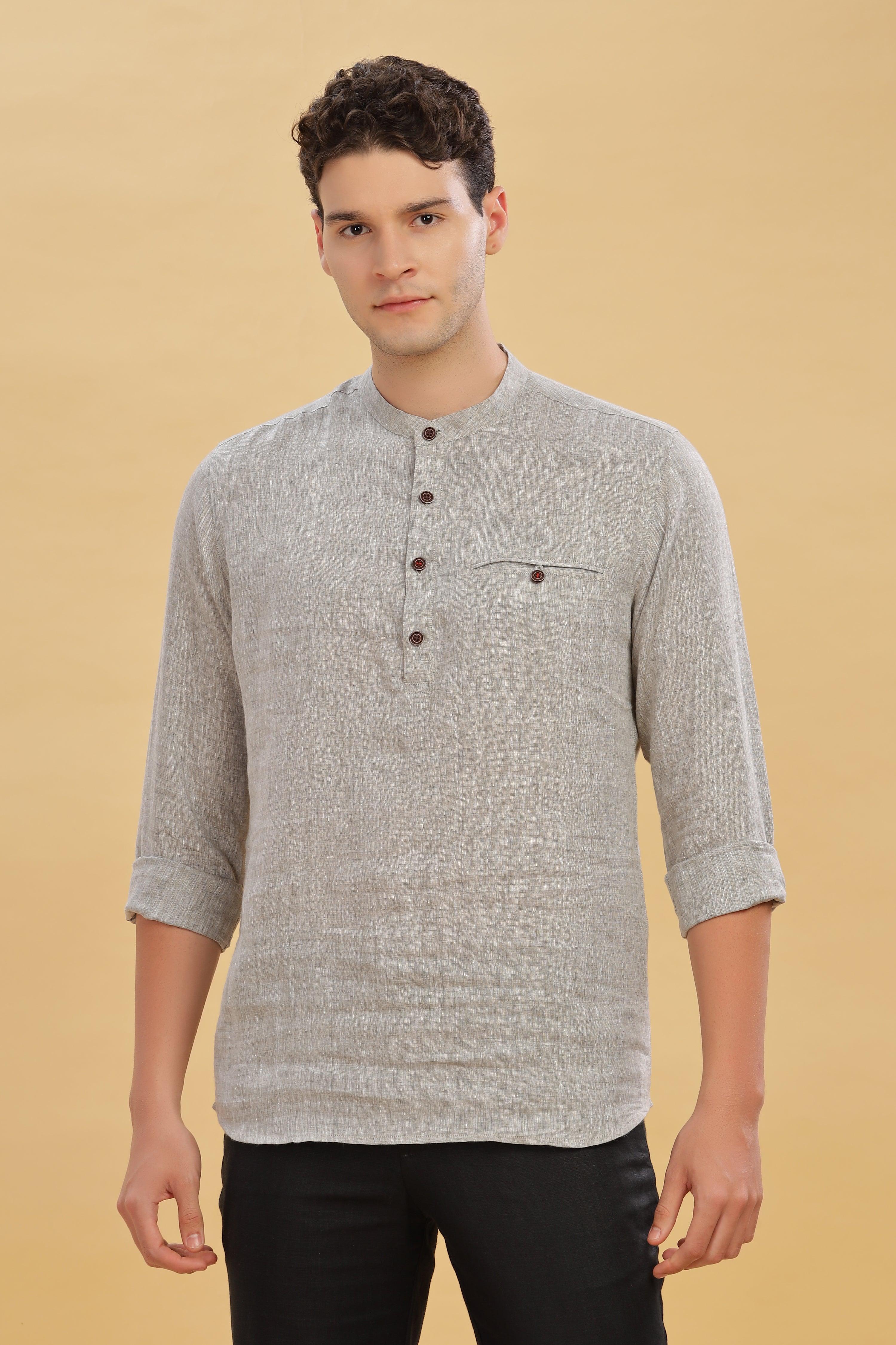 NILE Long Sleeves - 100% Pure Linen Half Placket Grey Chambray Shirt