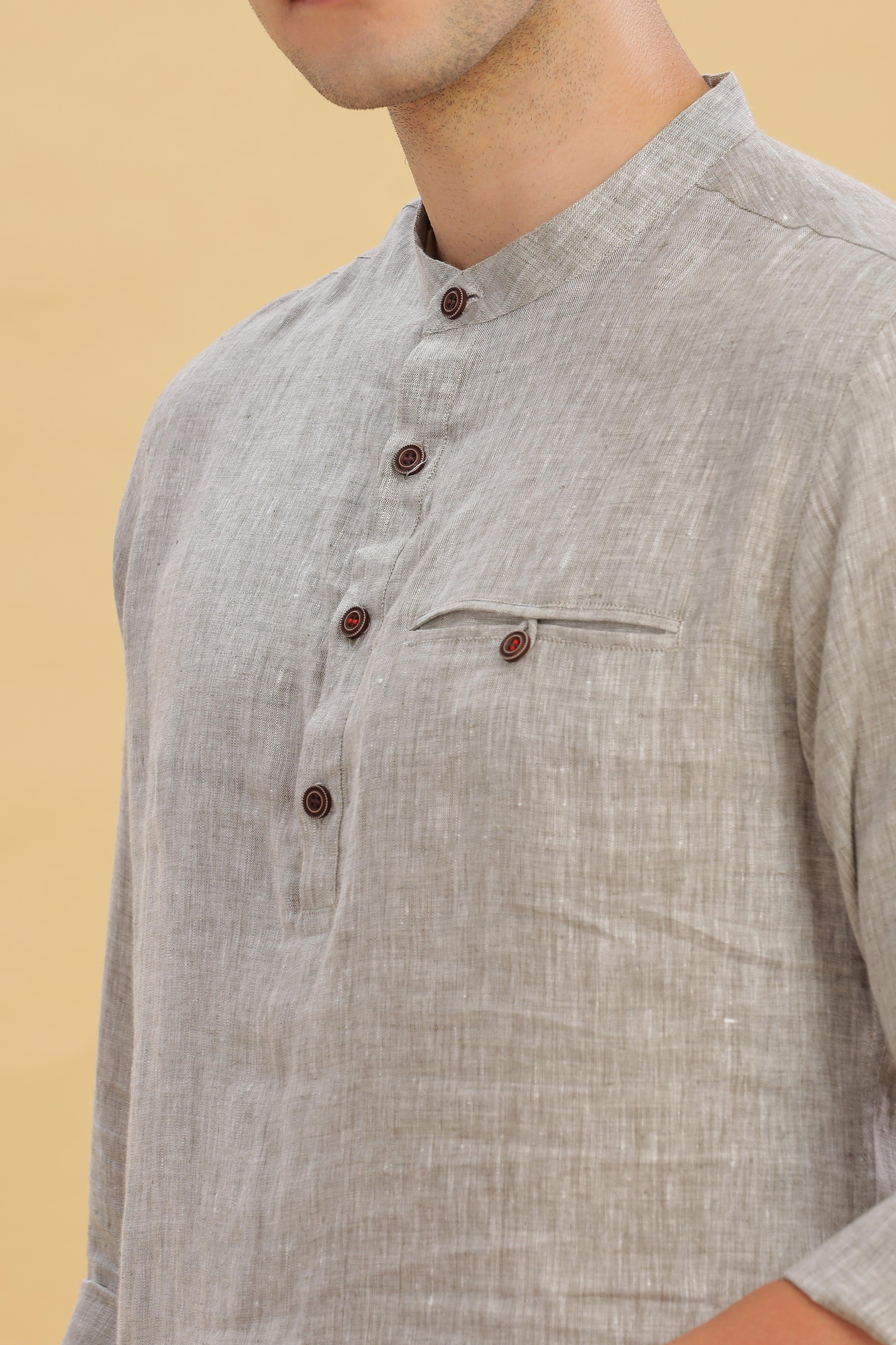 NILE Long Sleeves - 100% Pure Linen Half Placket Grey Chambray Shirt