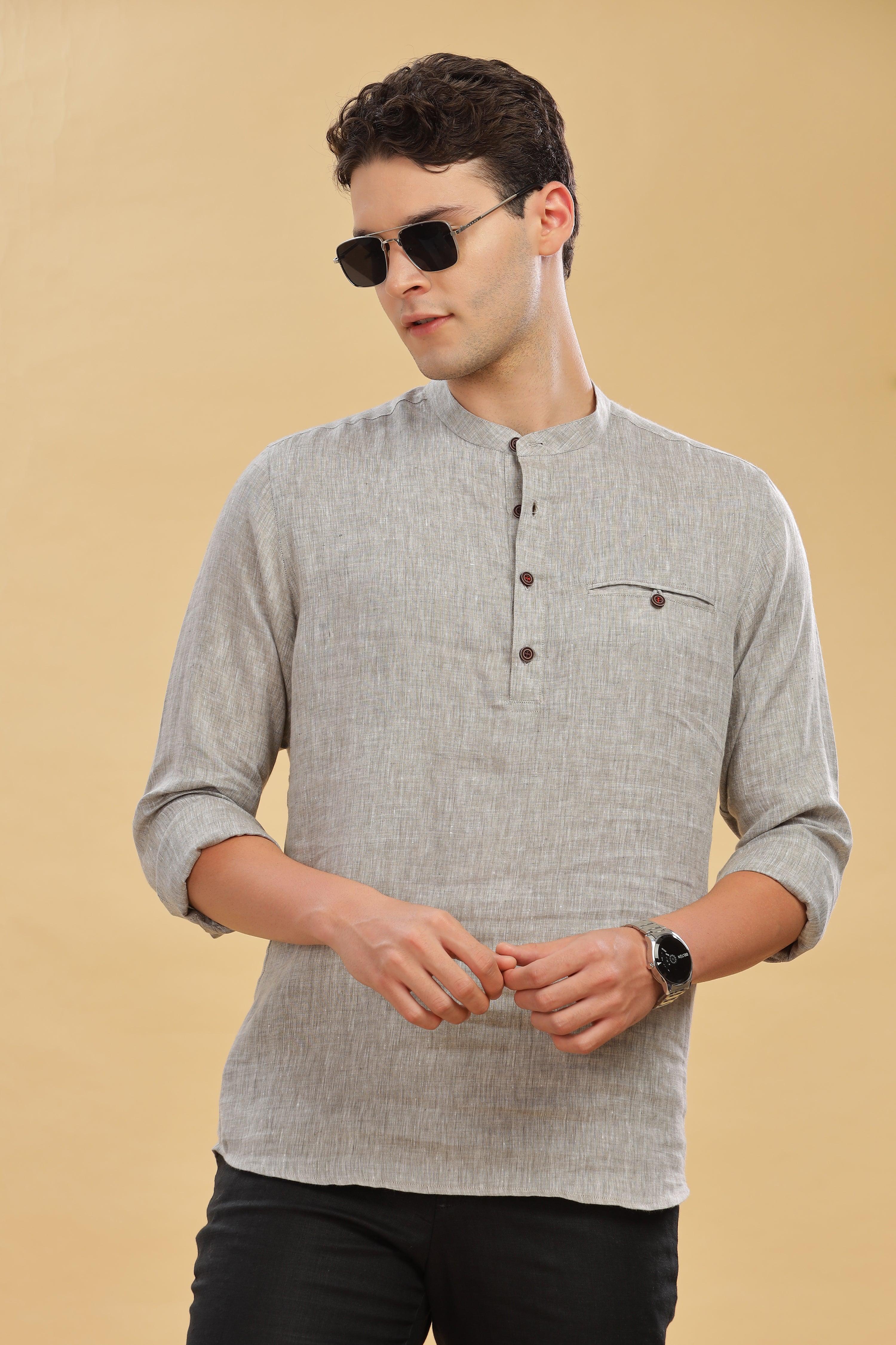 NILE Long Sleeves - 100% Pure Linen Half Placket Grey Chambray Shirt
