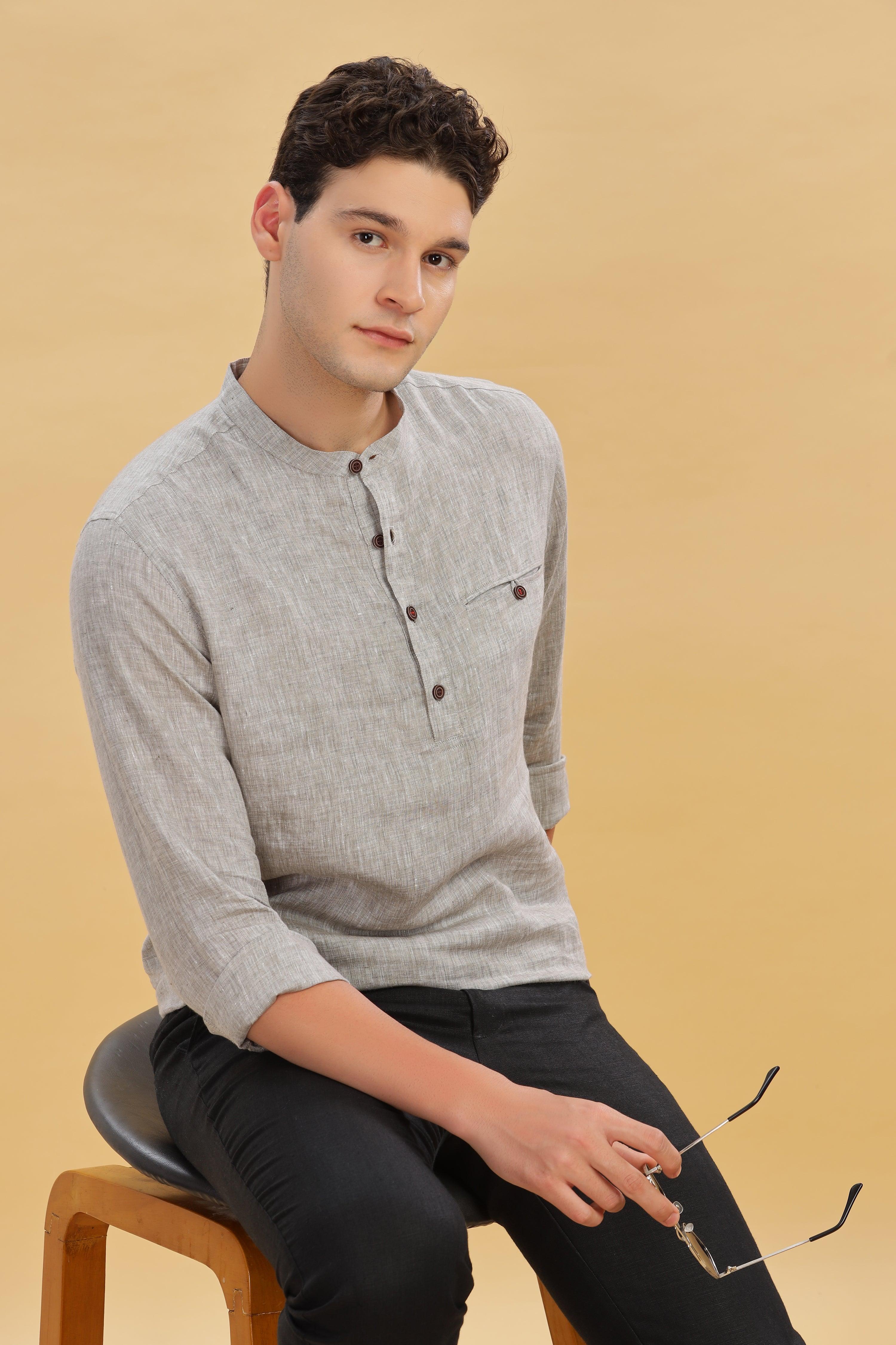 NILE Long Sleeves - 100% Pure Linen Half Placket Grey Chambray Shirt