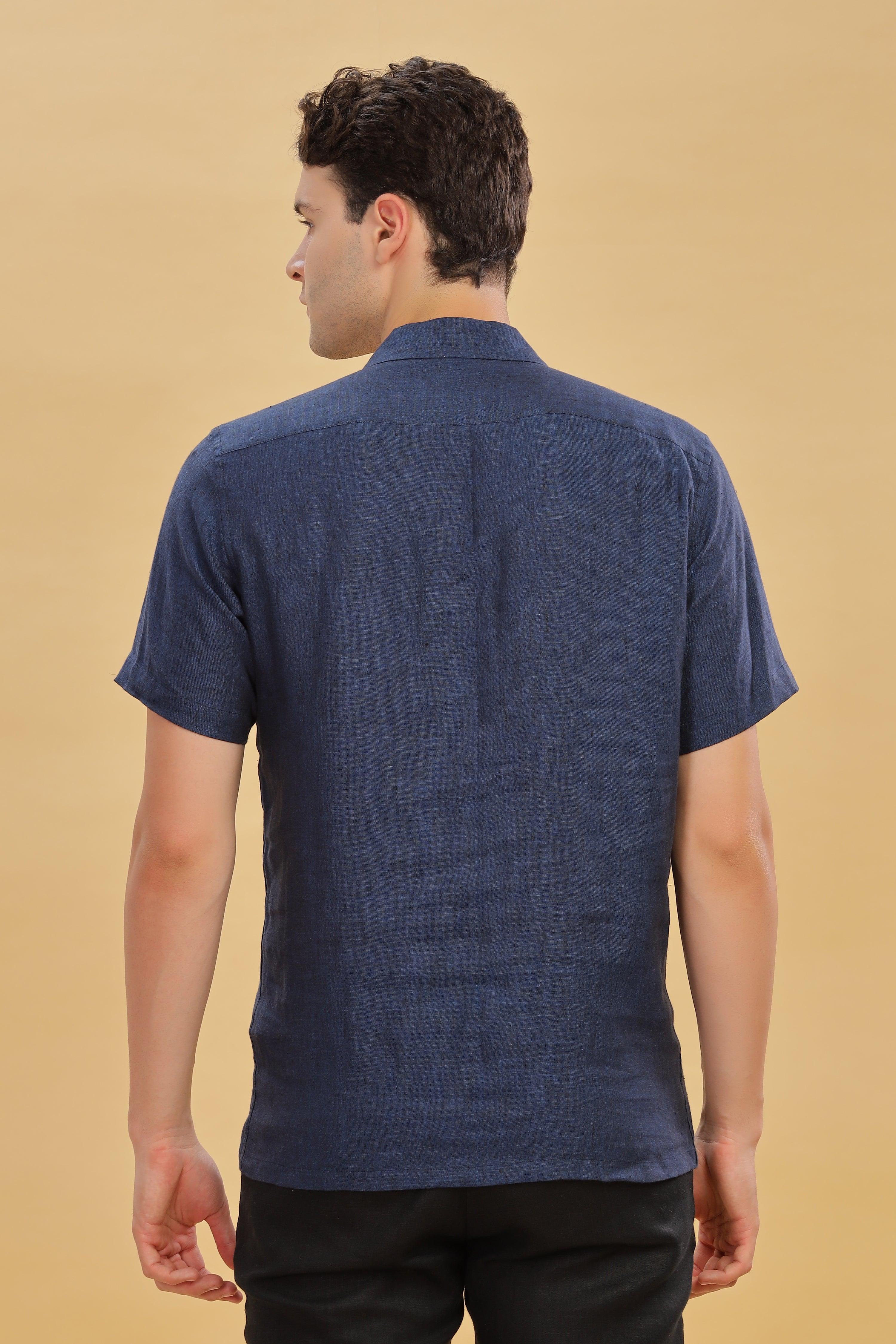 KANE - 100% Pure Linen Cuban Collar Dark Blue Chambray Shirt