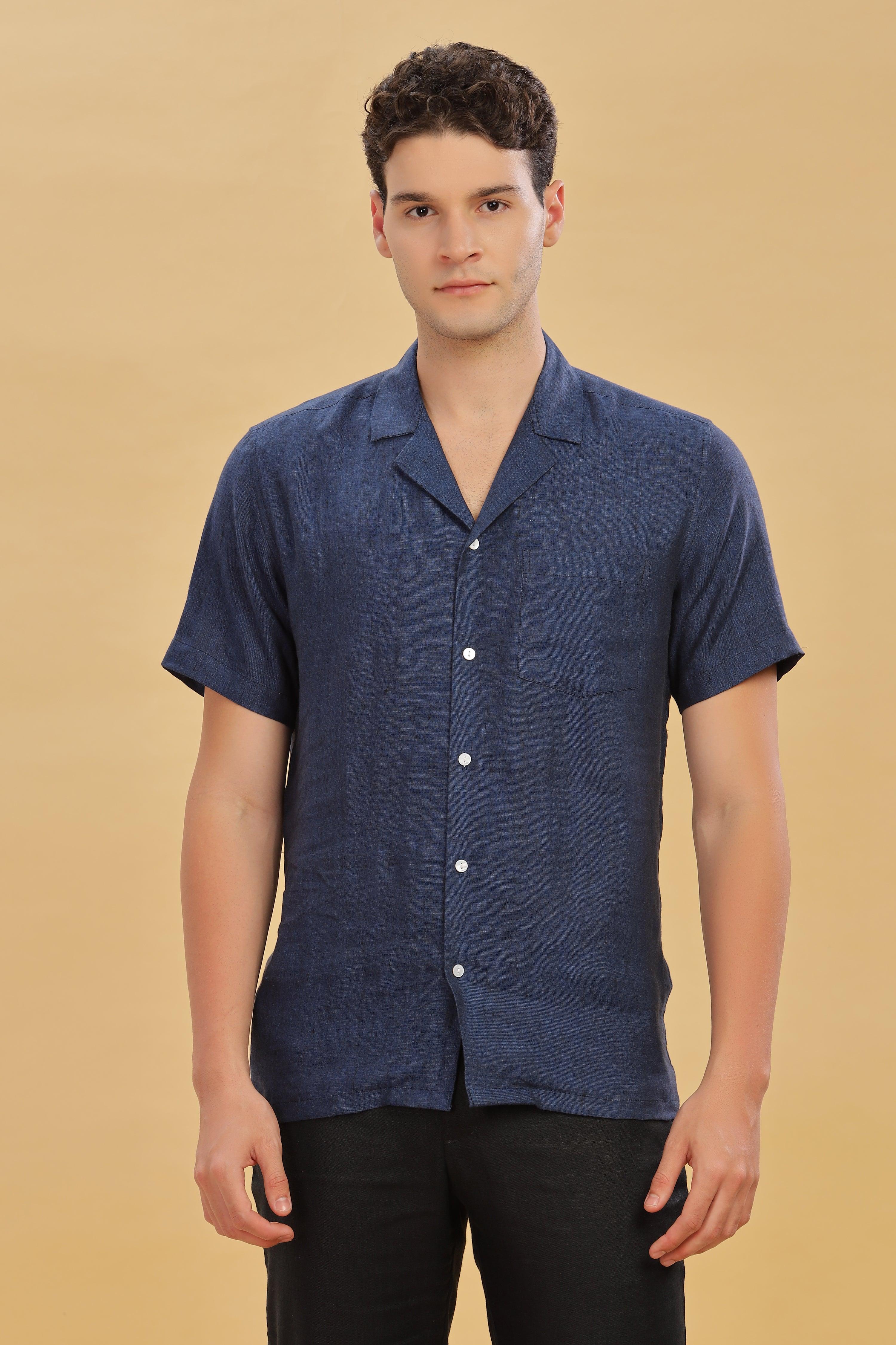 KANE - 100% Pure Linen Cuban Collar Dark Blue Chambray Shirt