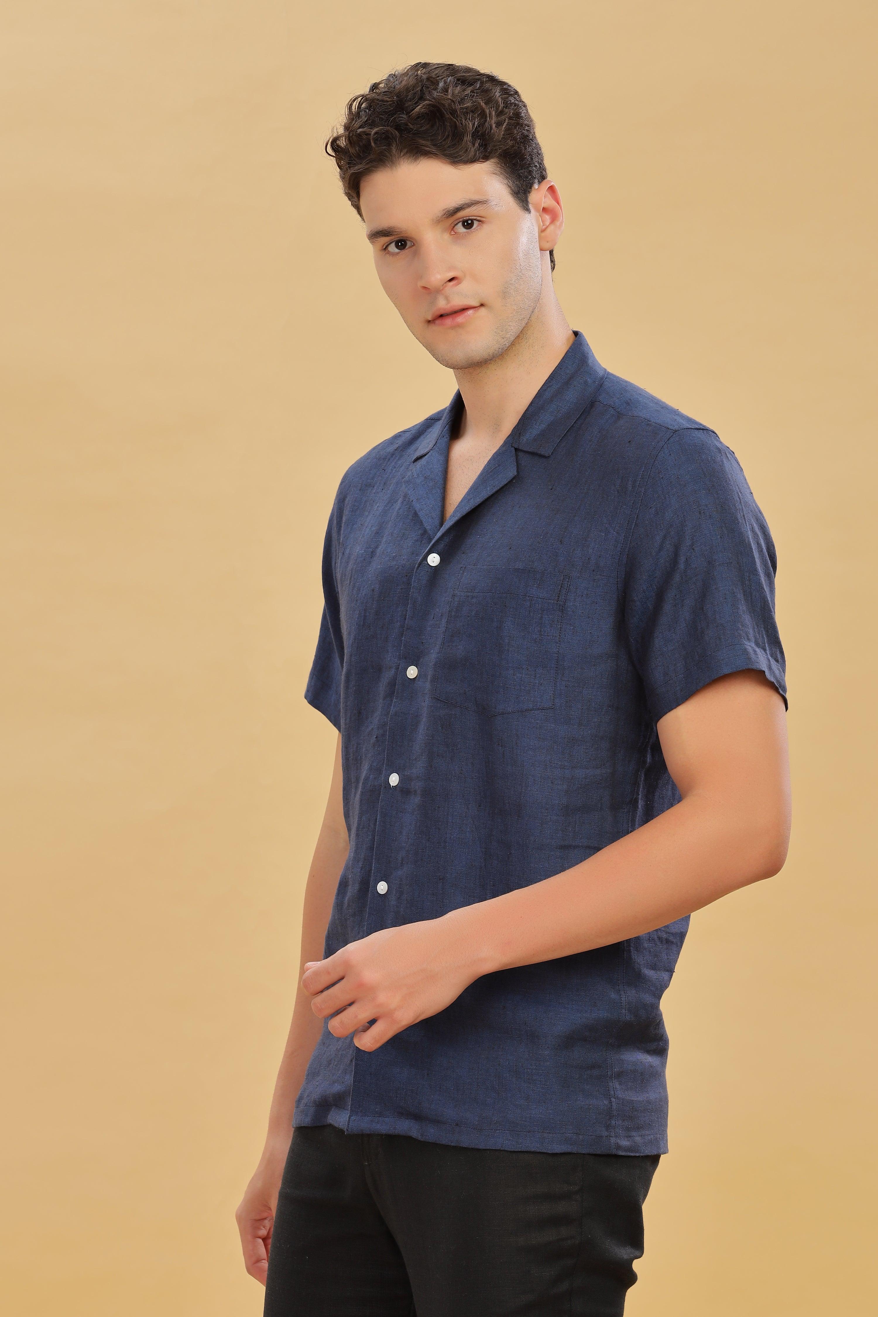 KANE - 100% Pure Linen Cuban Collar Dark Blue Chambray Shirt