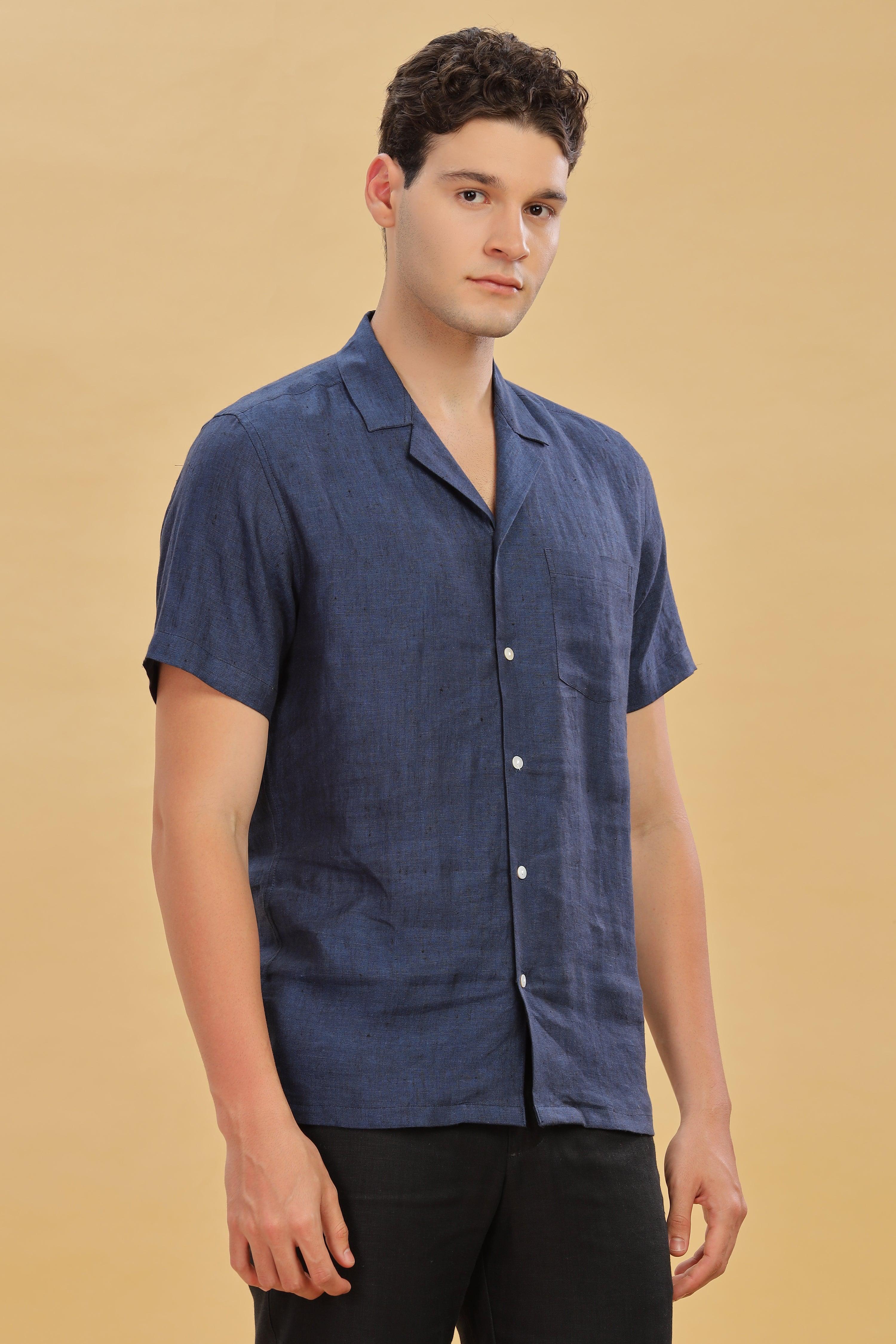 KANE - 100% Pure Linen Cuban Collar Dark Blue Chambray Shirt