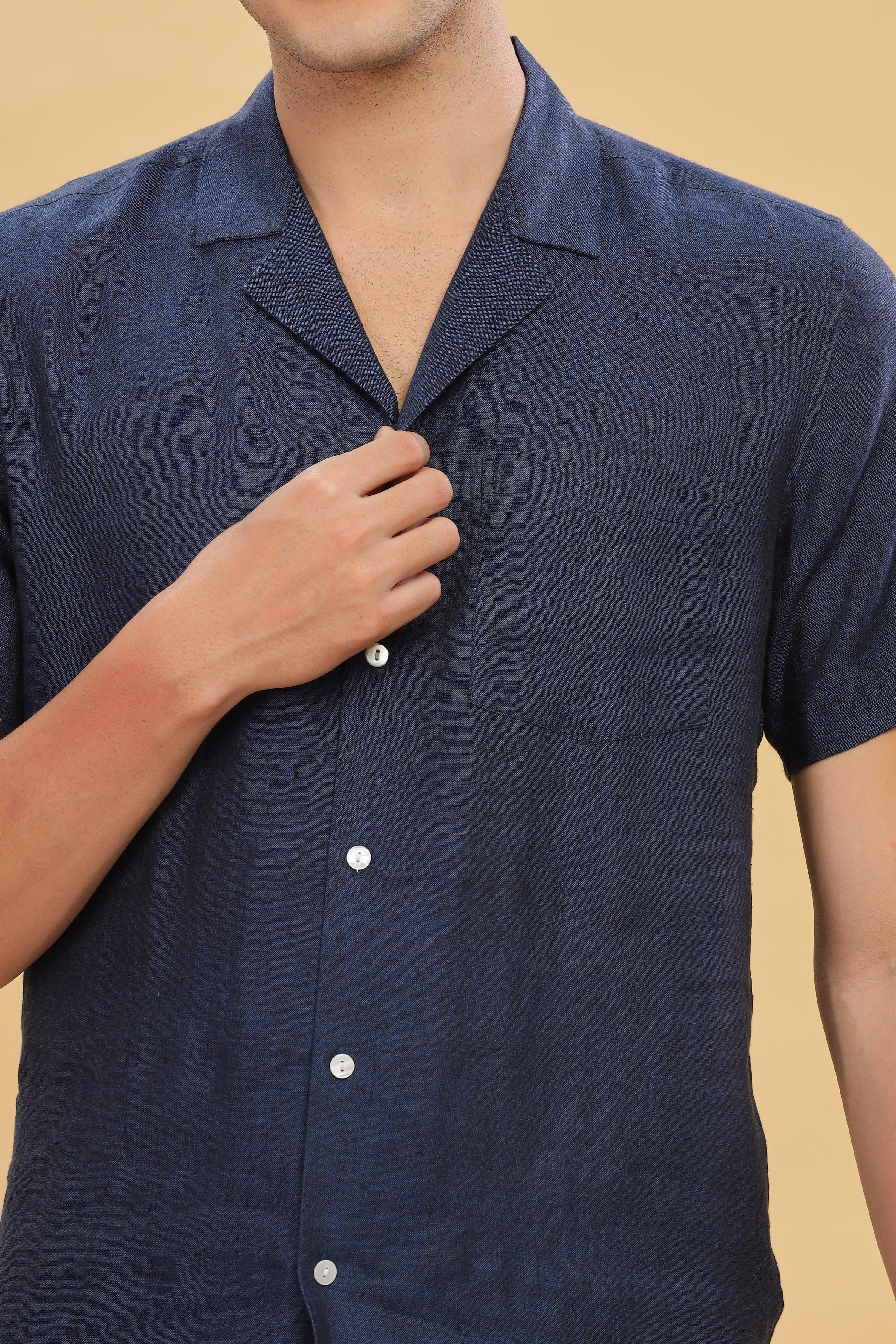 KANE - 100% Pure Linen Cuban Collar Dark Blue Chambray Shirt
