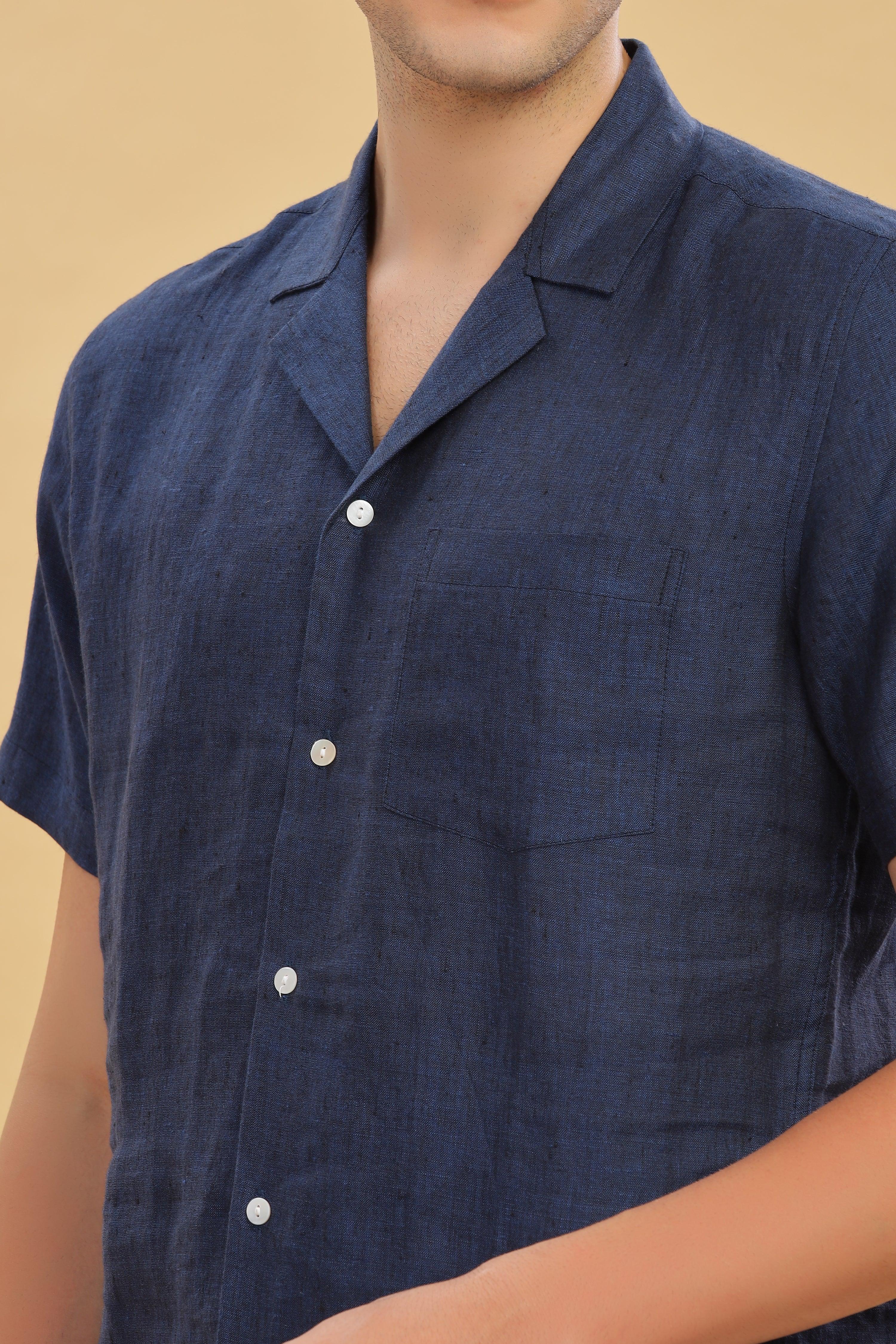 KANE - 100% Pure Linen Cuban Collar Dark Blue Chambray Shirt