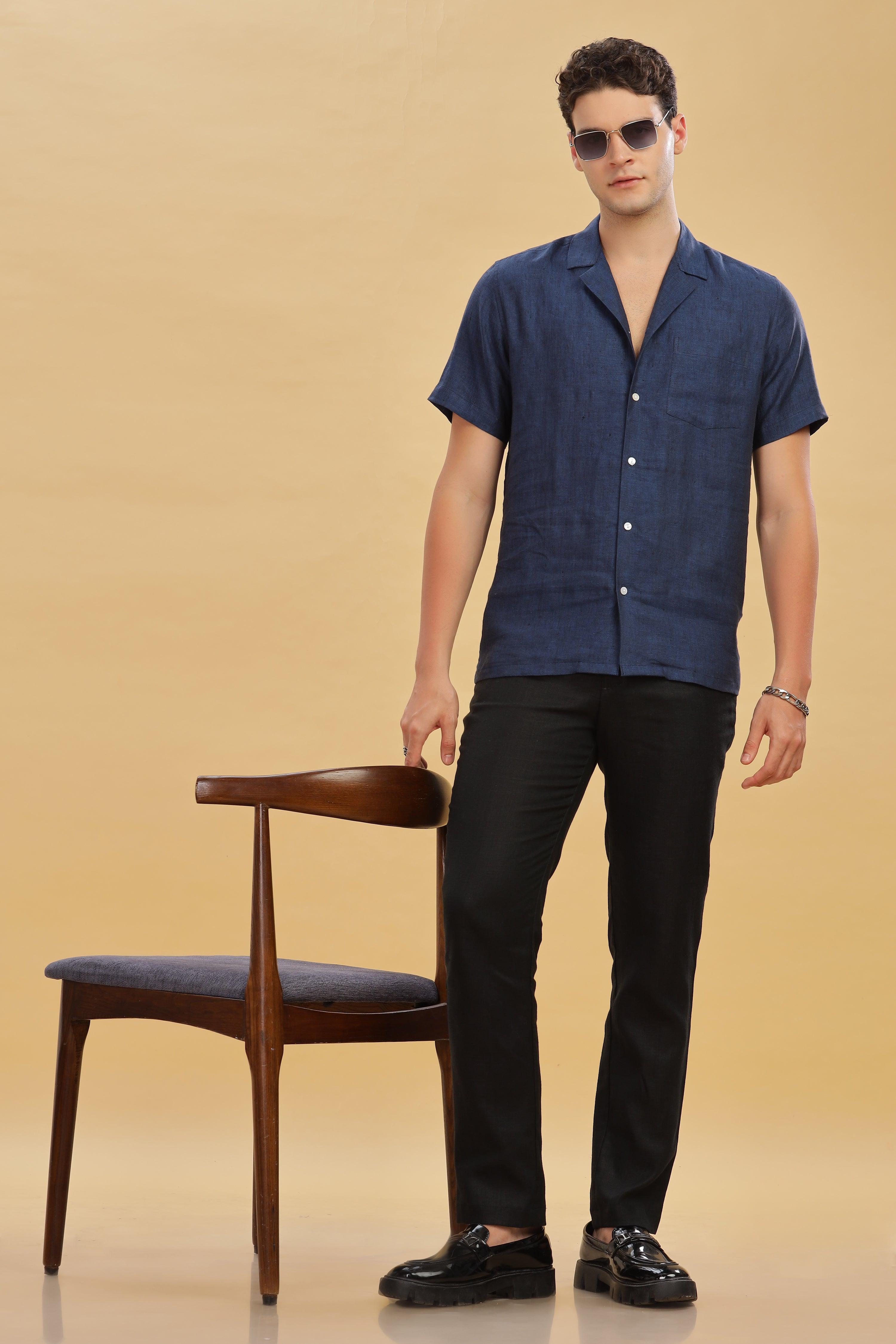 KANE - 100% Pure Linen Cuban Collar Dark Blue Chambray Shirt
