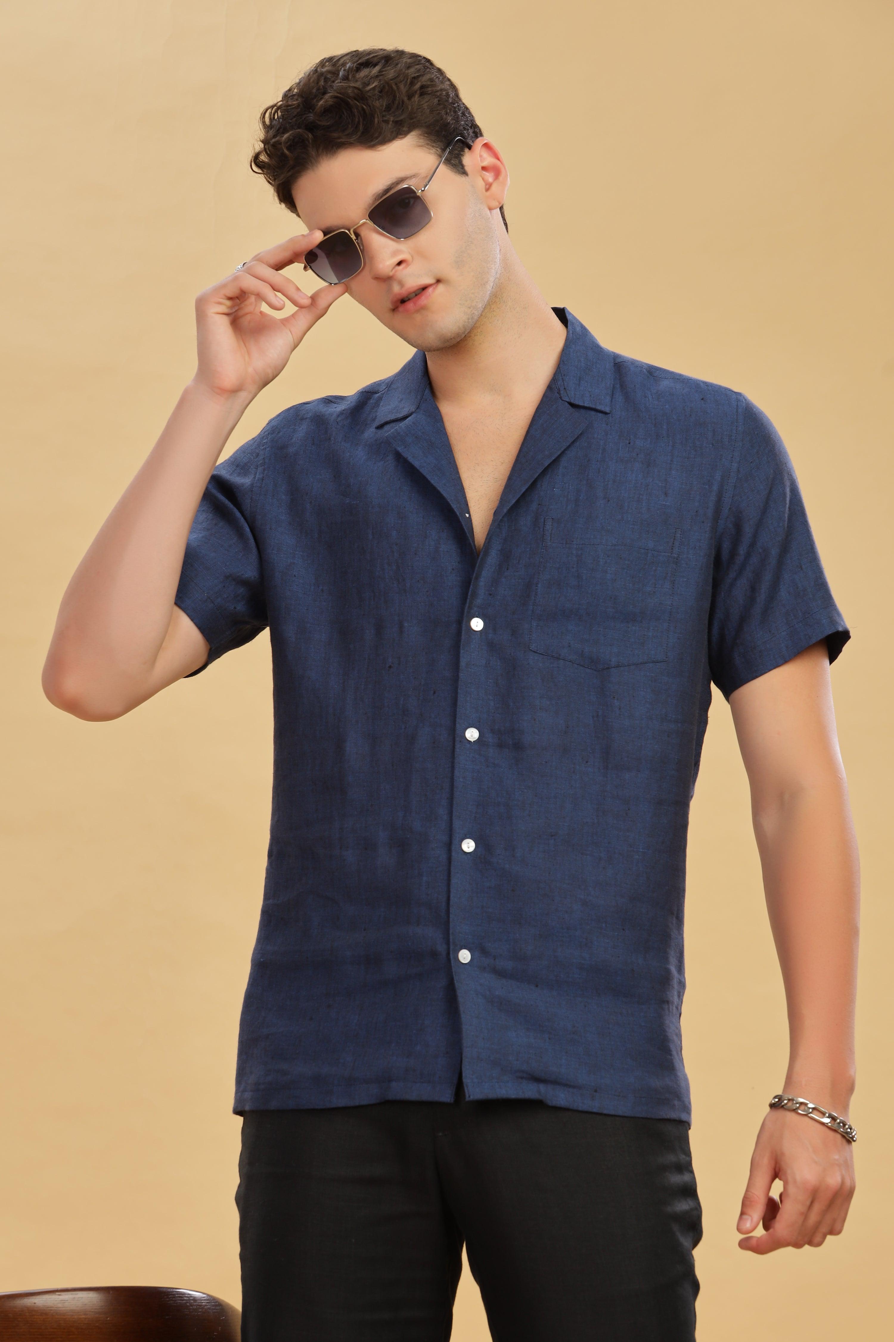 KANE - 100% Pure Linen Cuban Collar Dark Blue Chambray Shirt