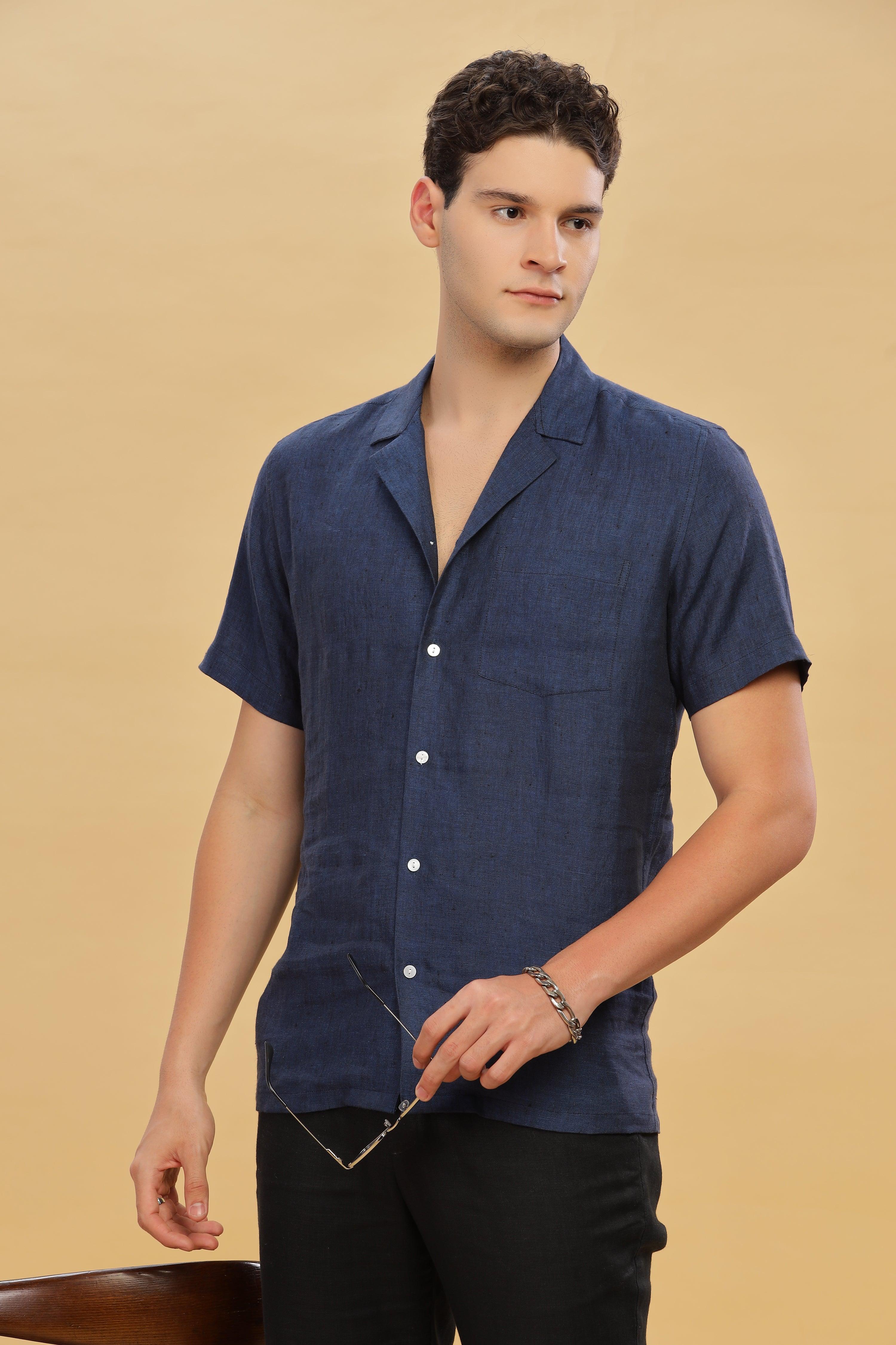 KANE - 100% Pure Linen Cuban Collar Dark Blue Chambray Shirt