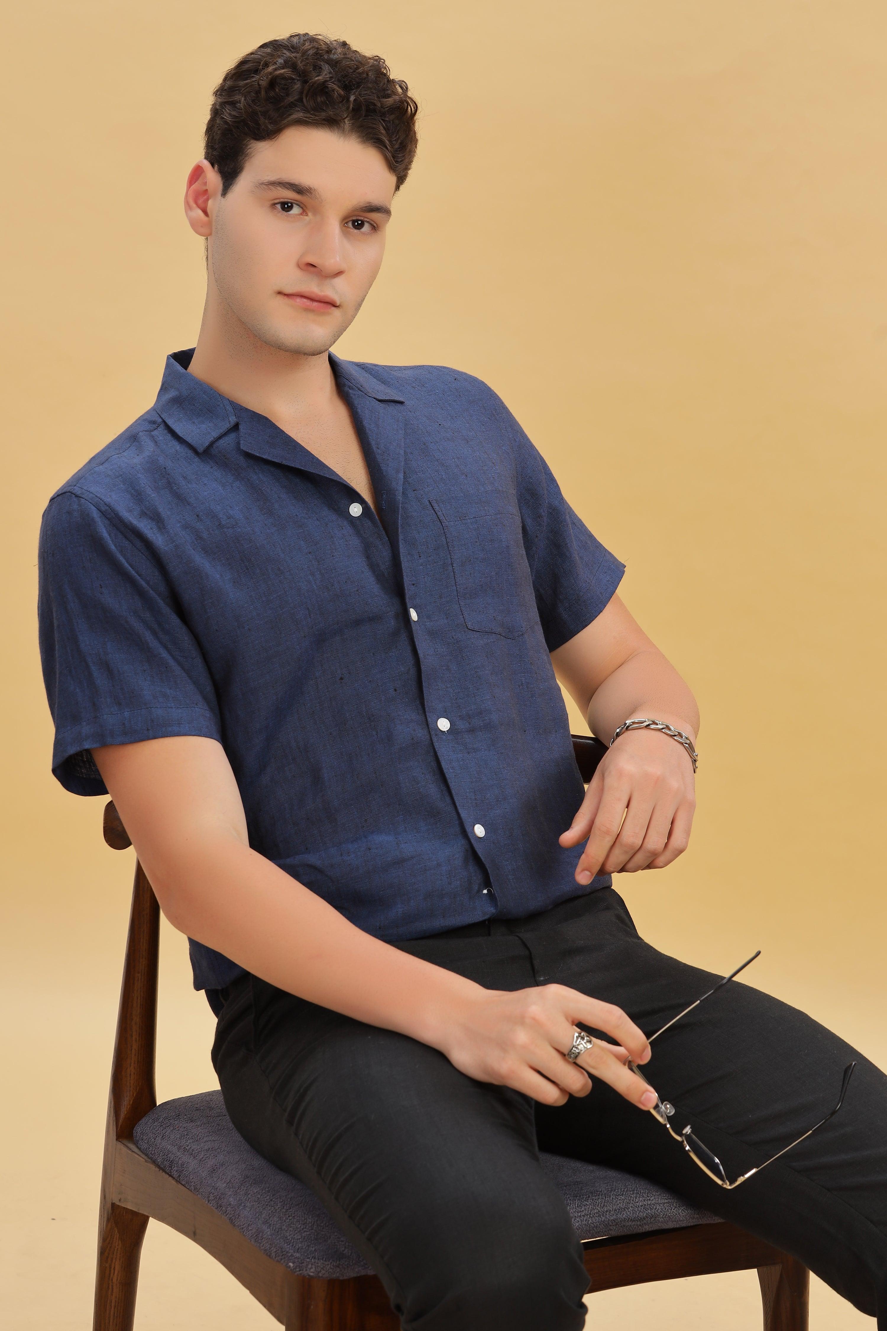 KANE - 100% Pure Linen Cuban Collar Dark Blue Chambray Shirt