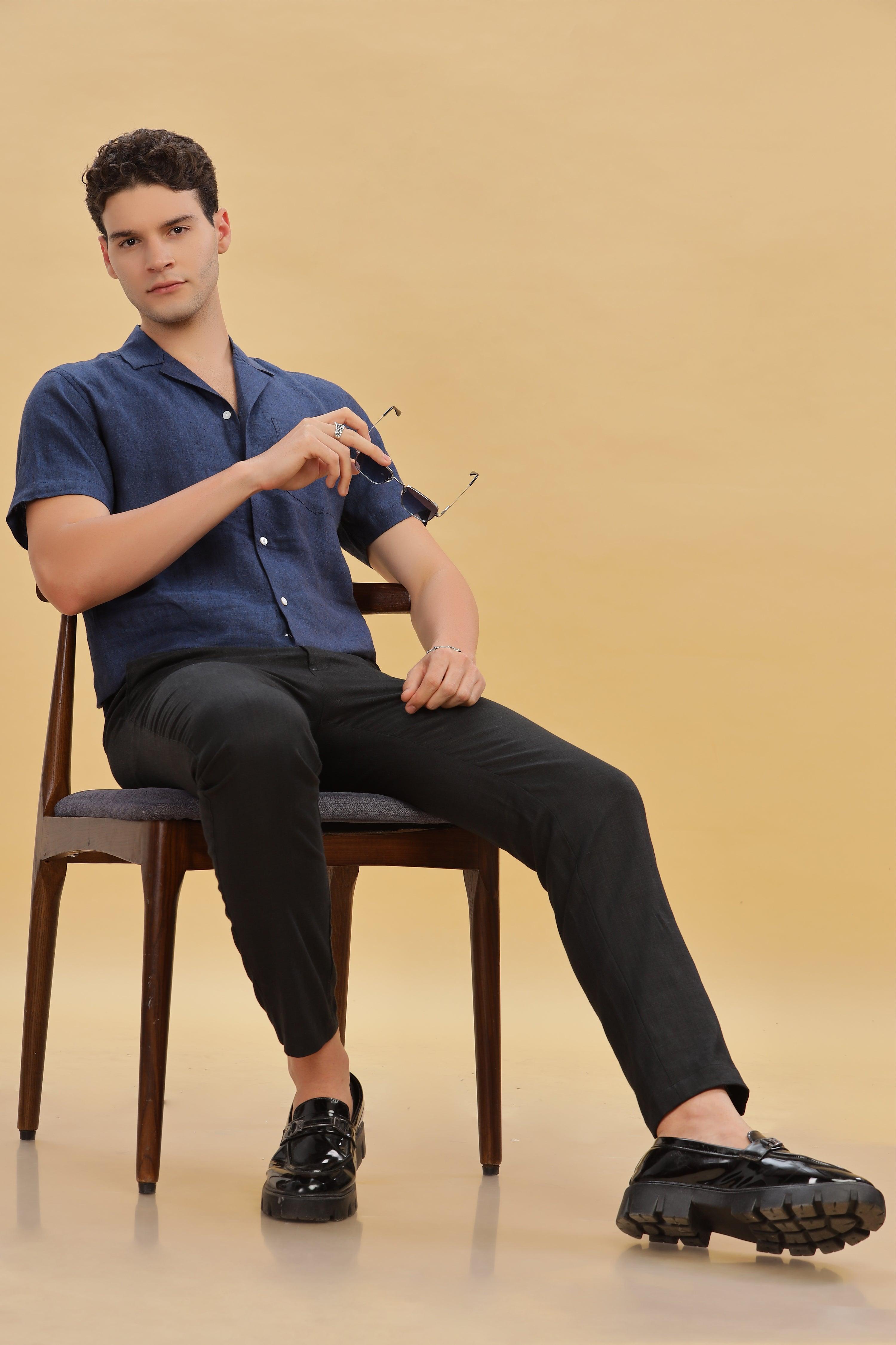 KANE - 100% Pure Linen Cuban Collar Dark Blue Chambray Shirt