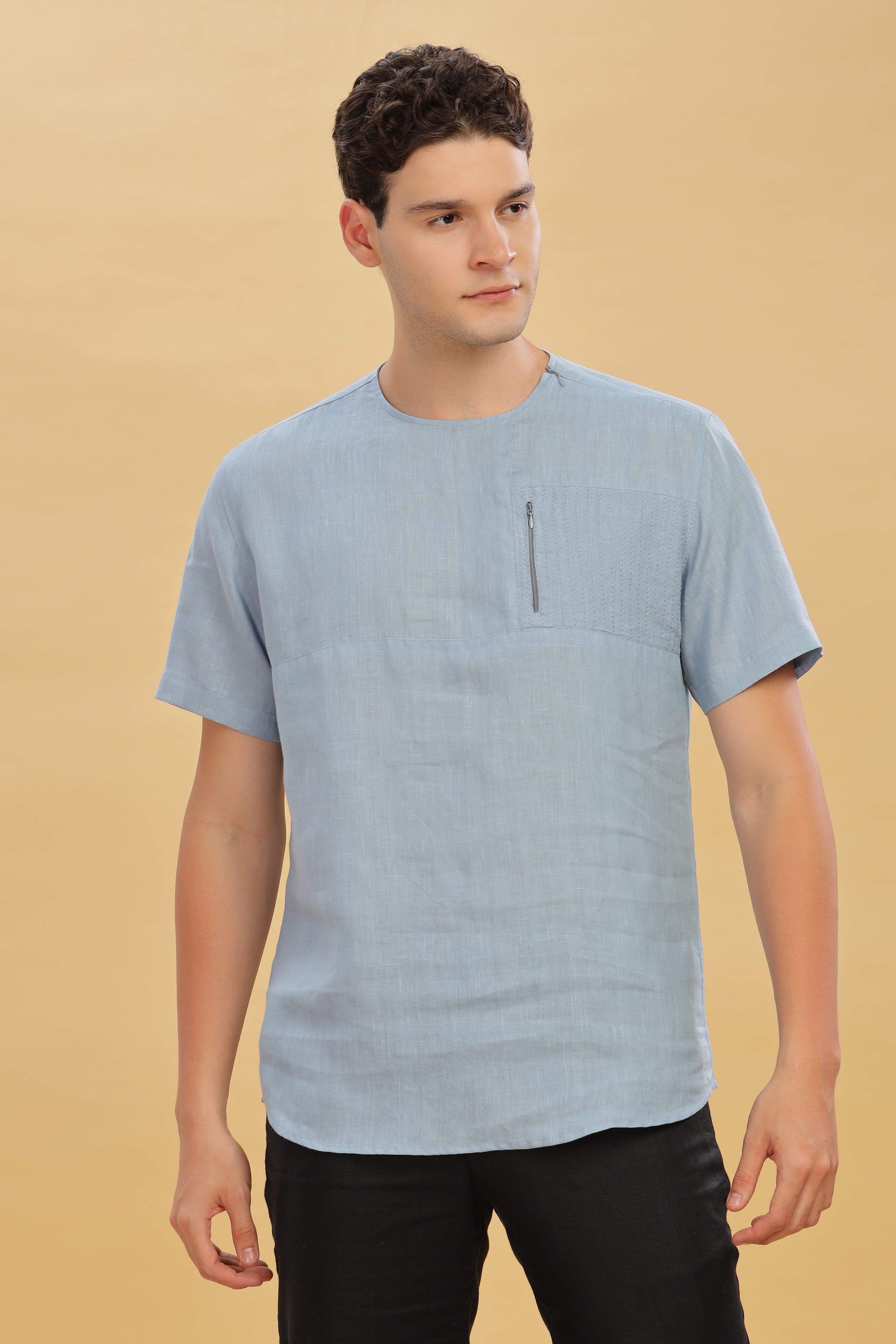 RAY - Pure French Linen Light Blue Grey T-Shirt