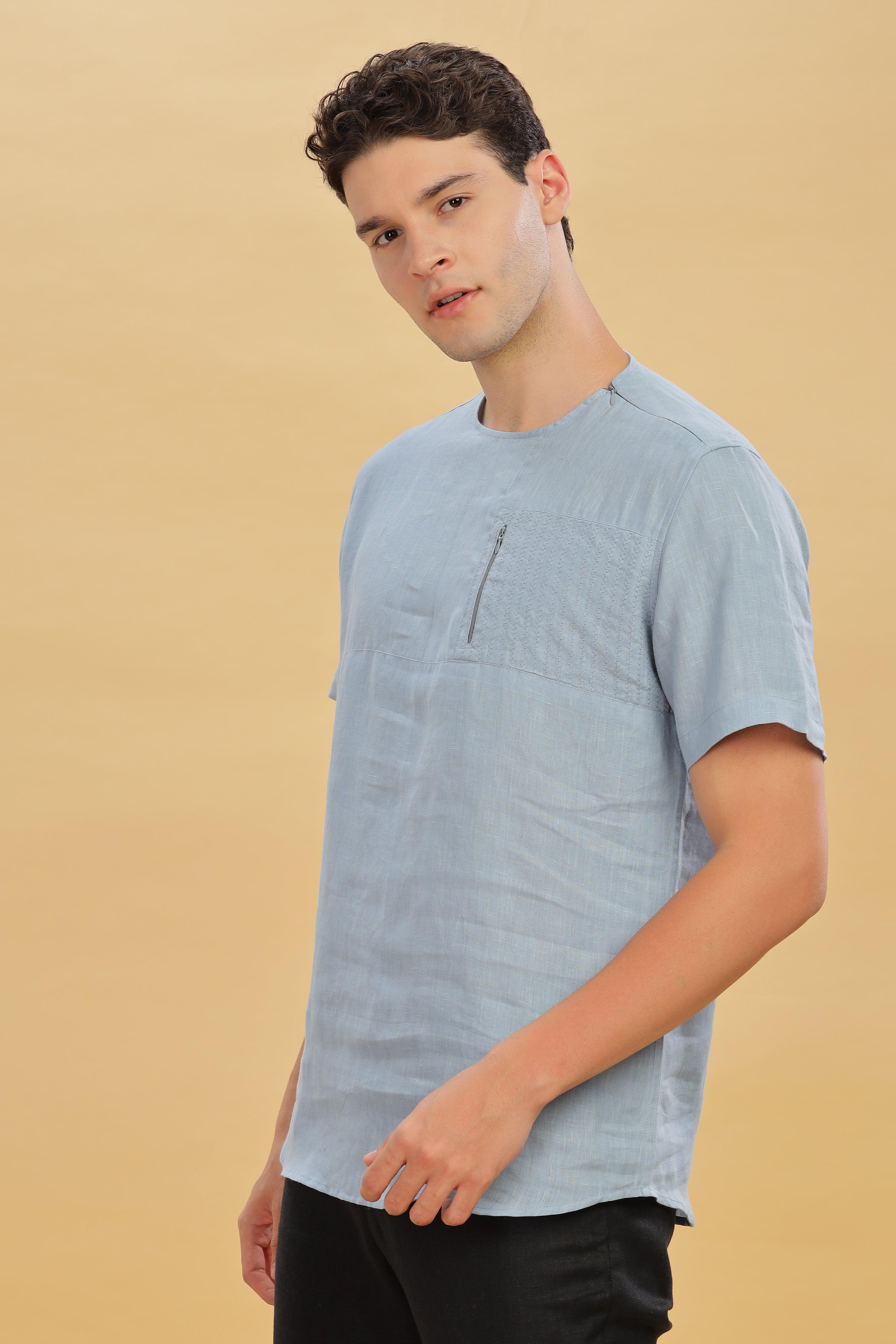 RAY  - Pure French Linen Light Blue Grey T-Shirt