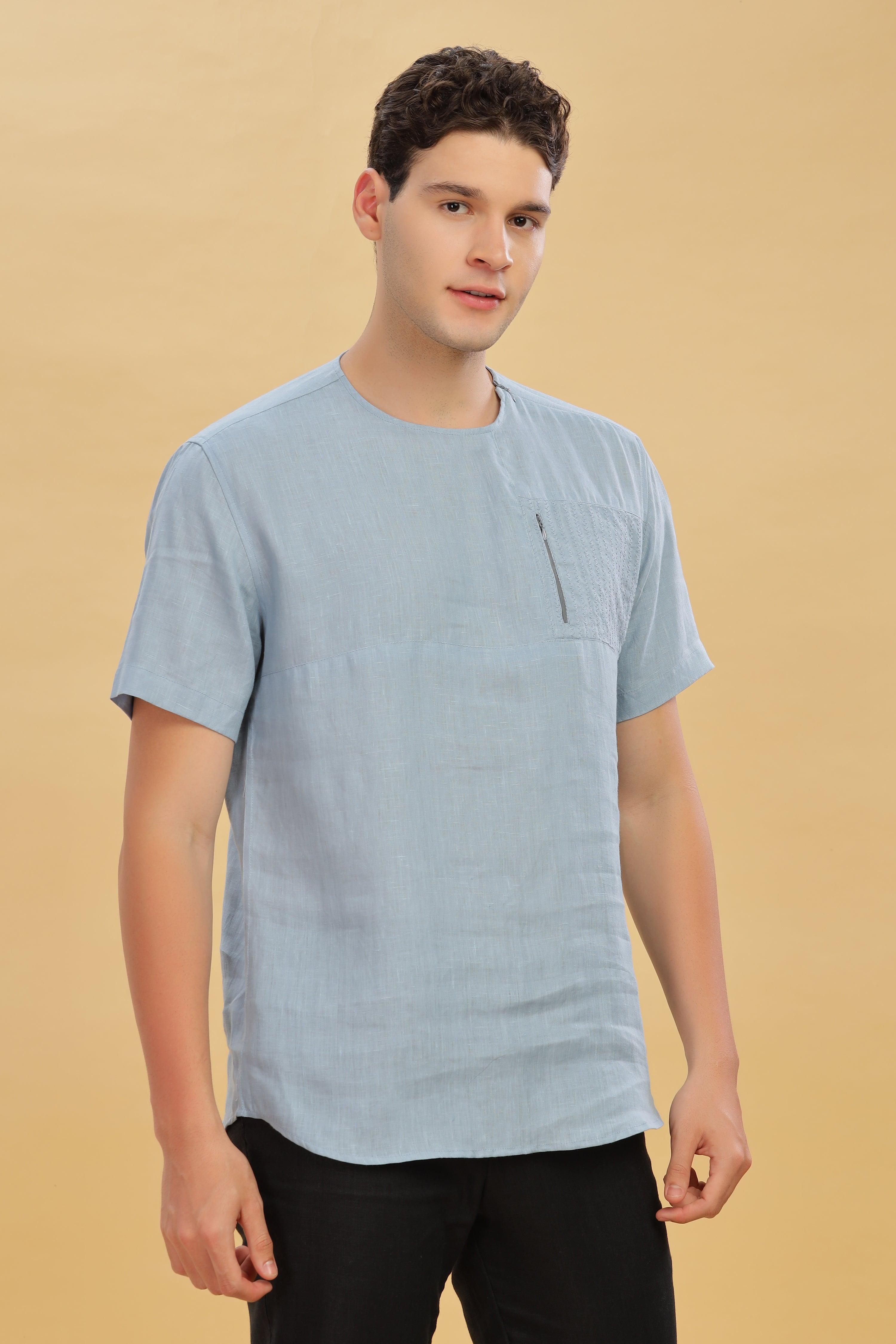 RAY - Pure French Linen Light Blue Grey T-Shirt