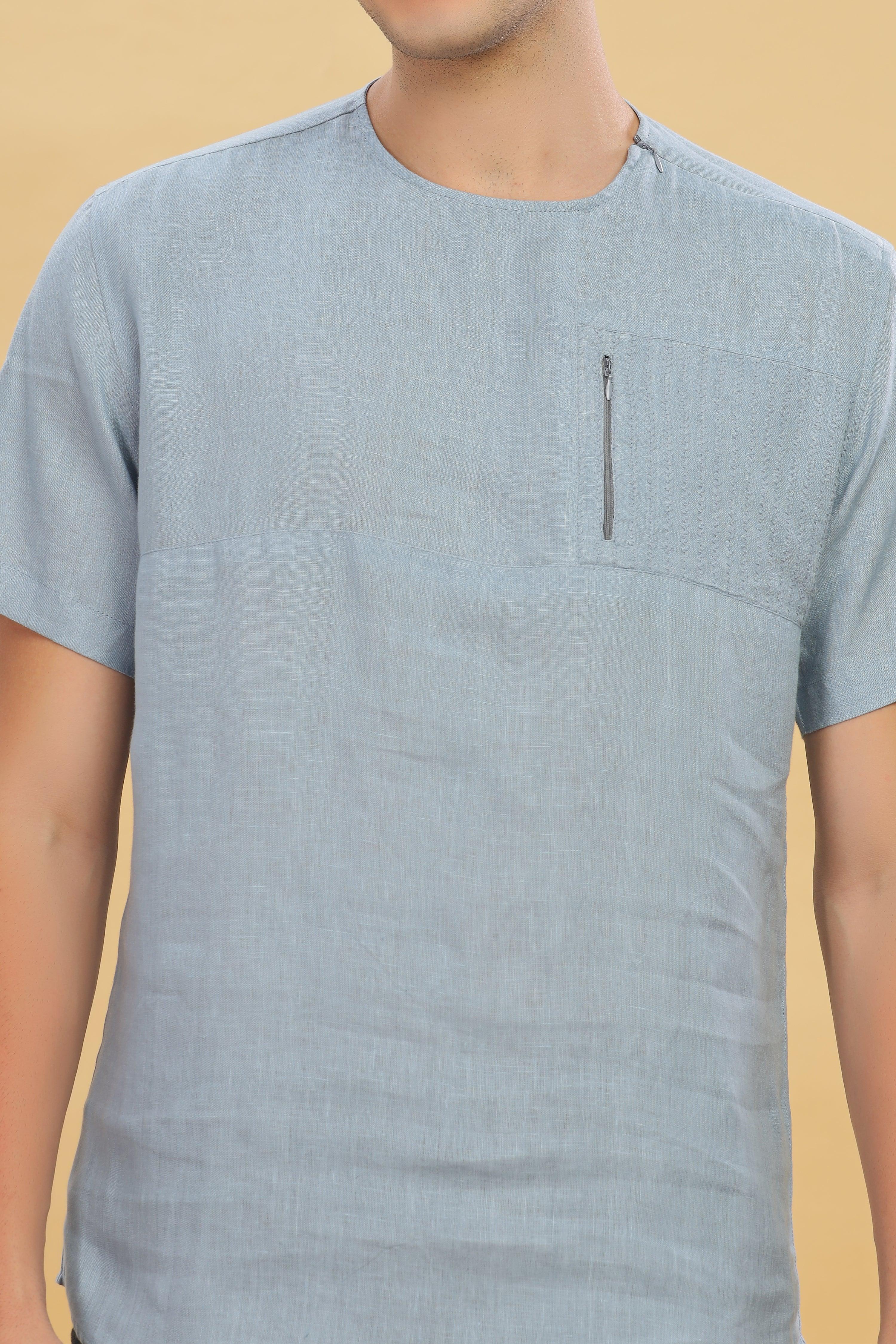 RAY - Pure French Linen Light Blue Grey T-Shirt