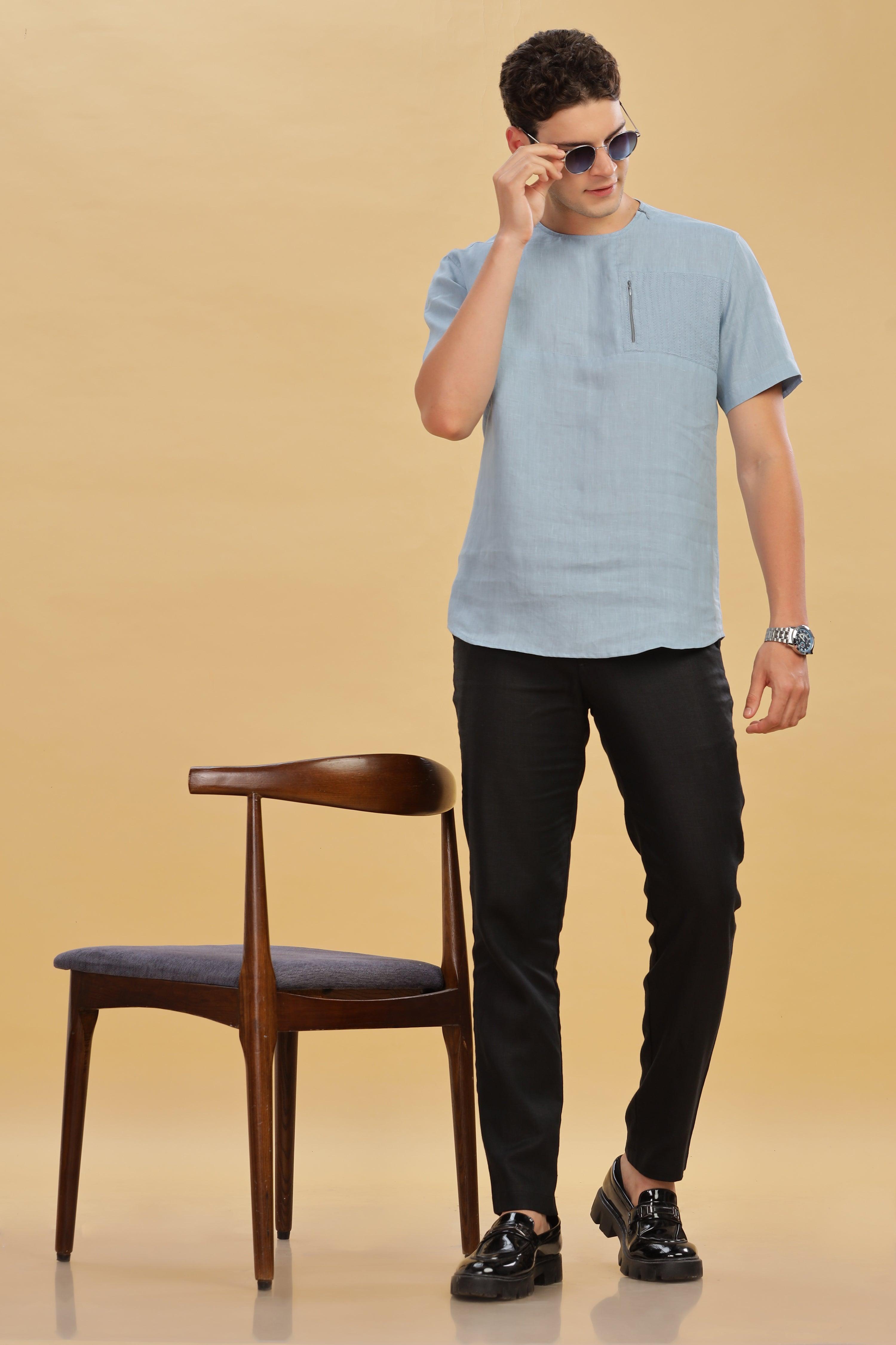 RAY - Pure French Linen Light Blue Grey T-Shirt