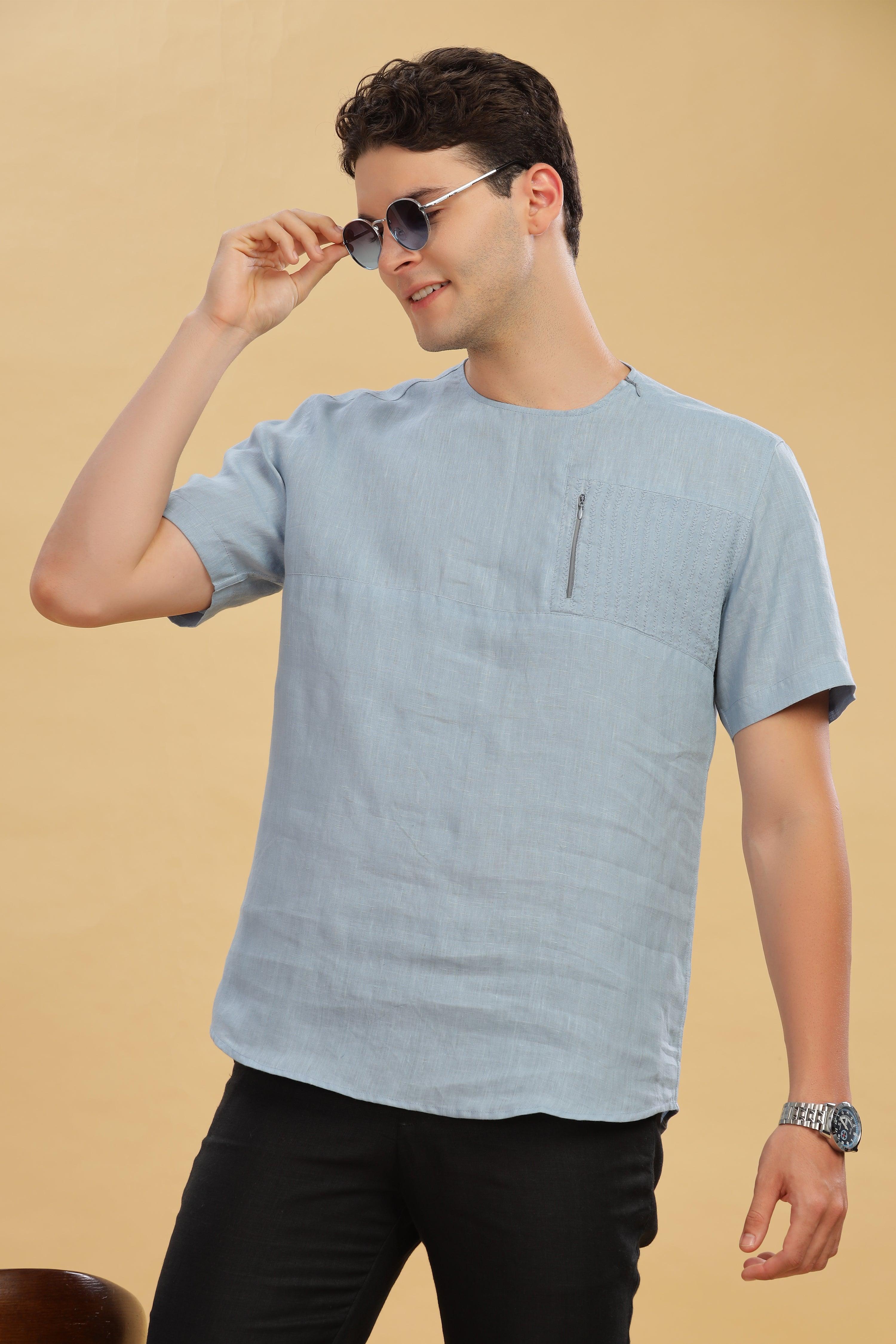 RAY - Pure French Linen Light Blue Grey T-Shirt