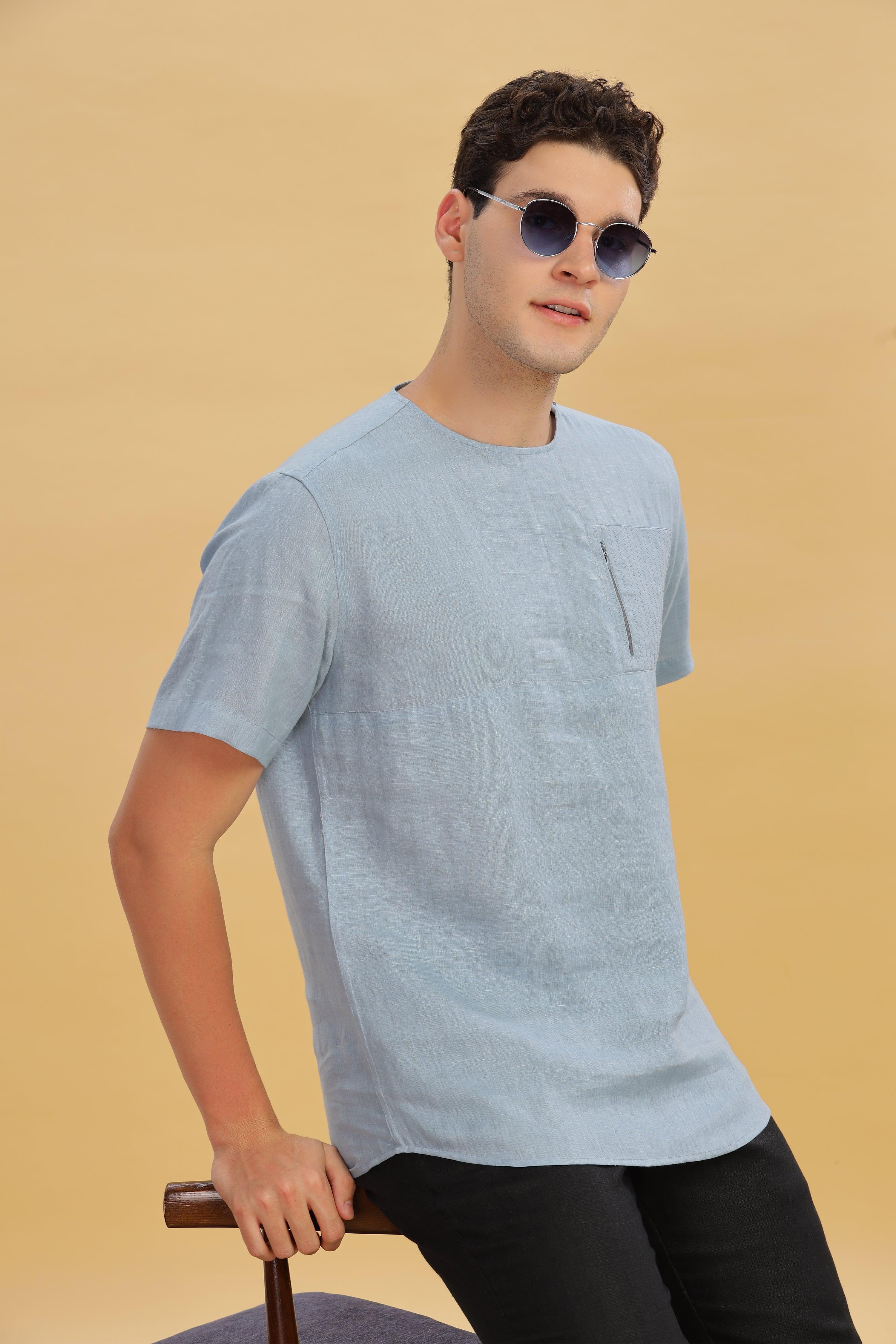 RAY  - Pure French Linen Light Blue Grey T-Shirt