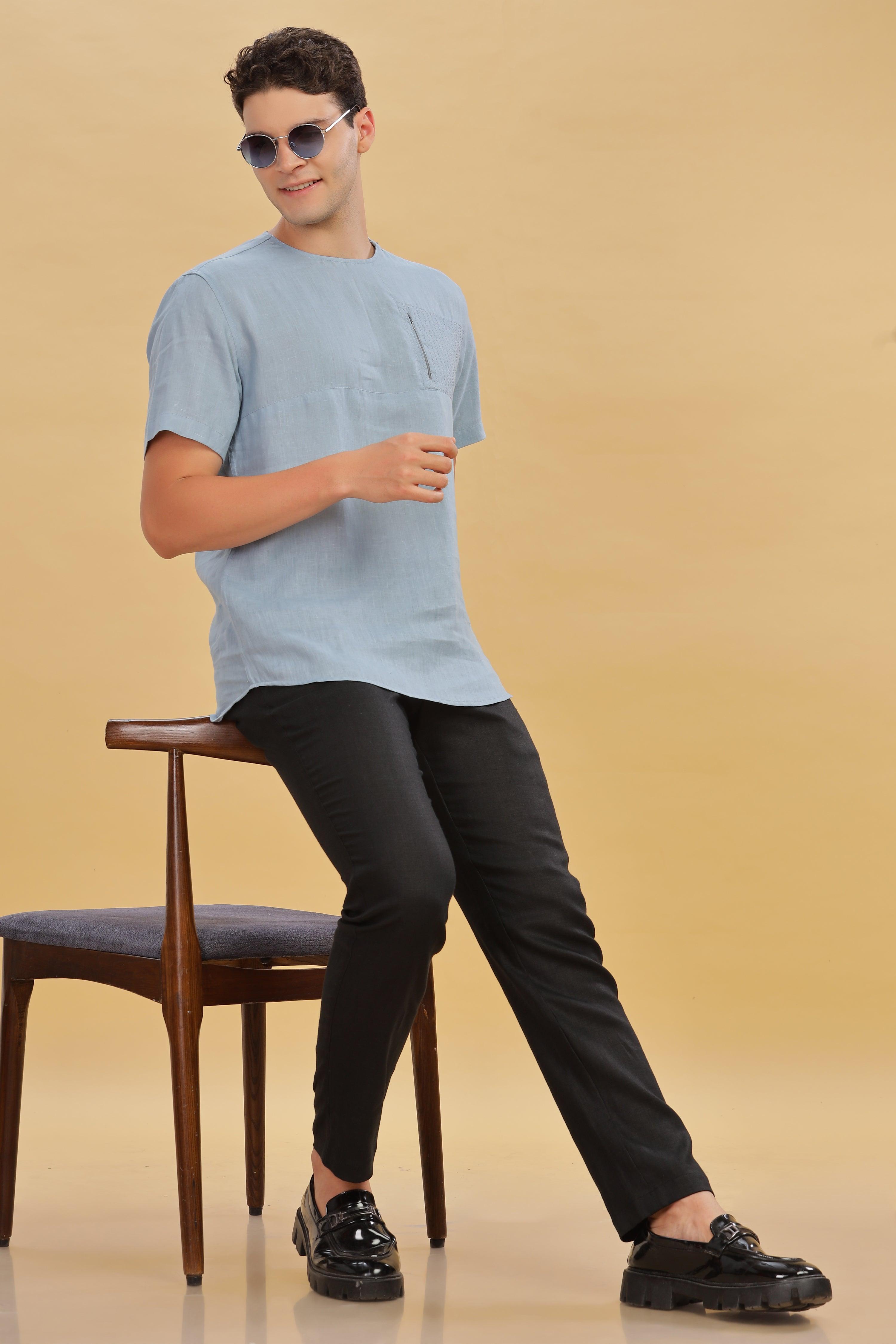 RAY - Pure French Linen Light Blue Grey T-Shirt