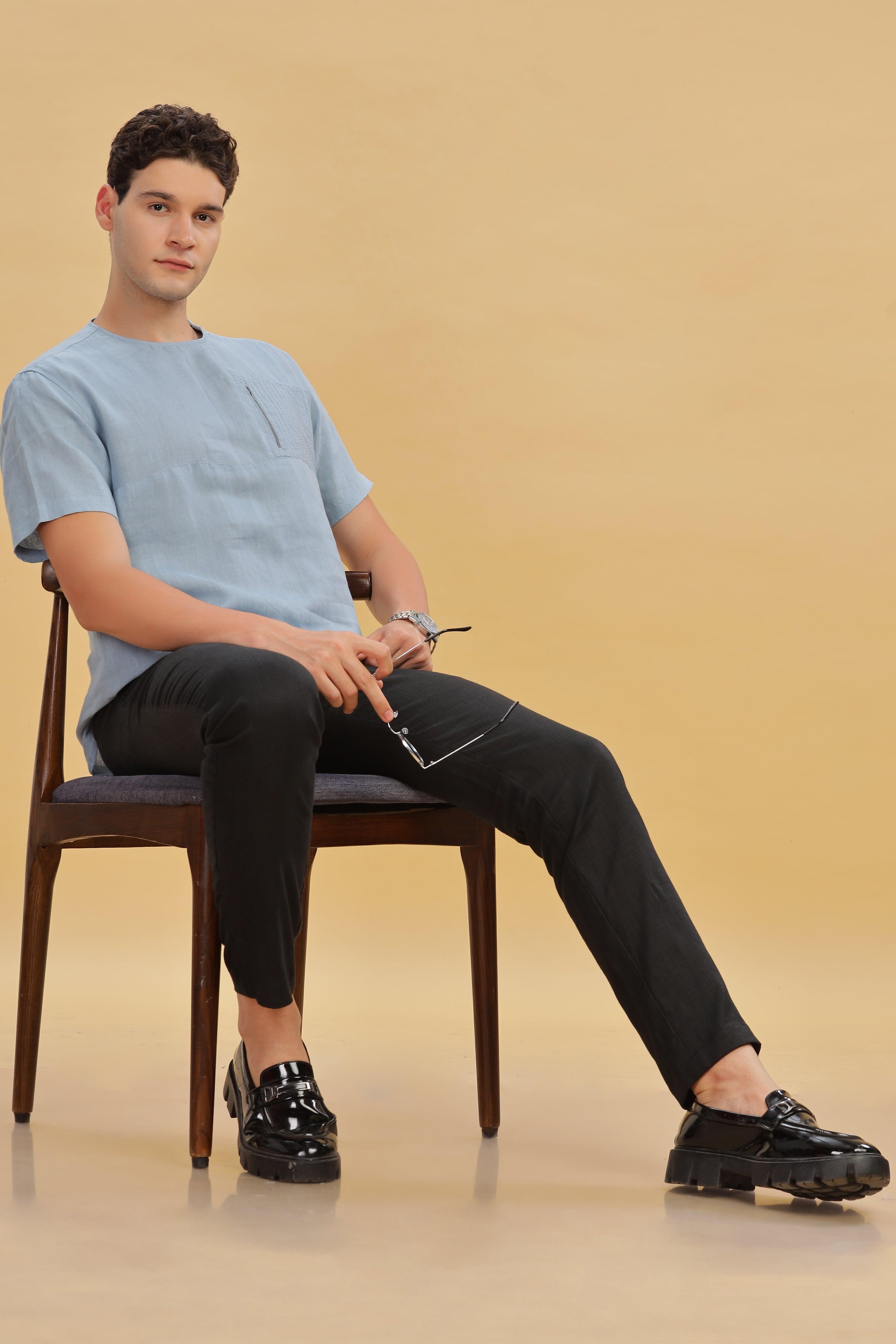 RAY - Pure French Linen Light Blue Grey T-Shirt