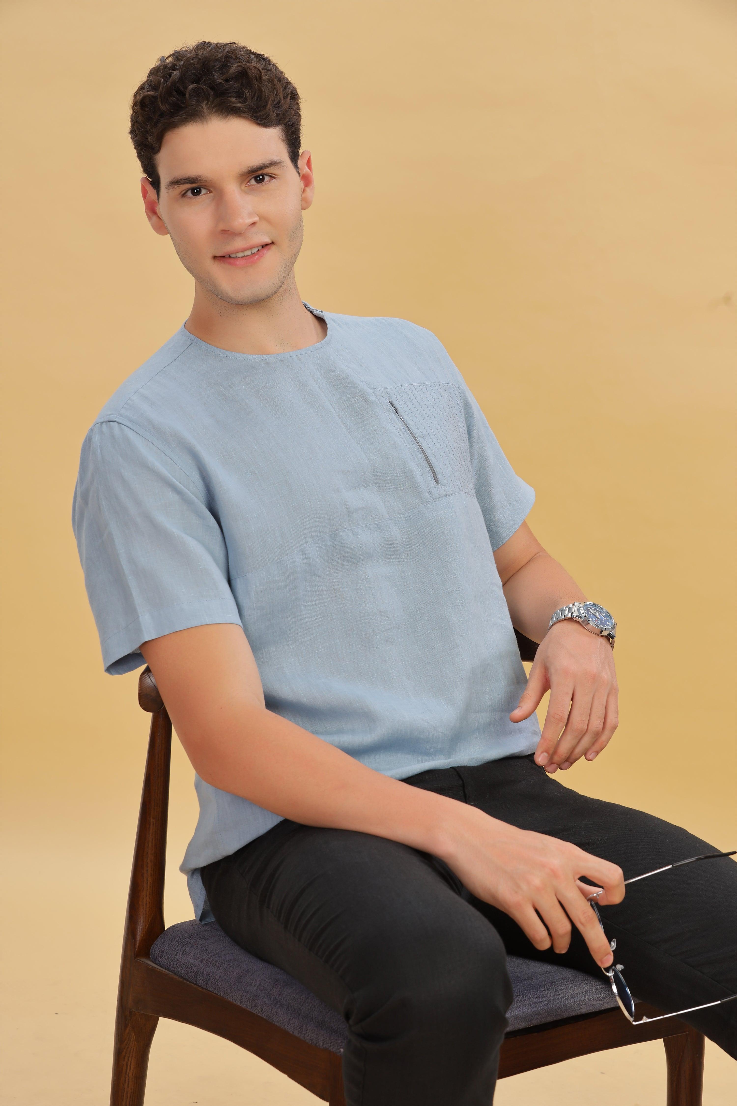 RAY - Pure French Linen Light Blue Grey T-Shirt