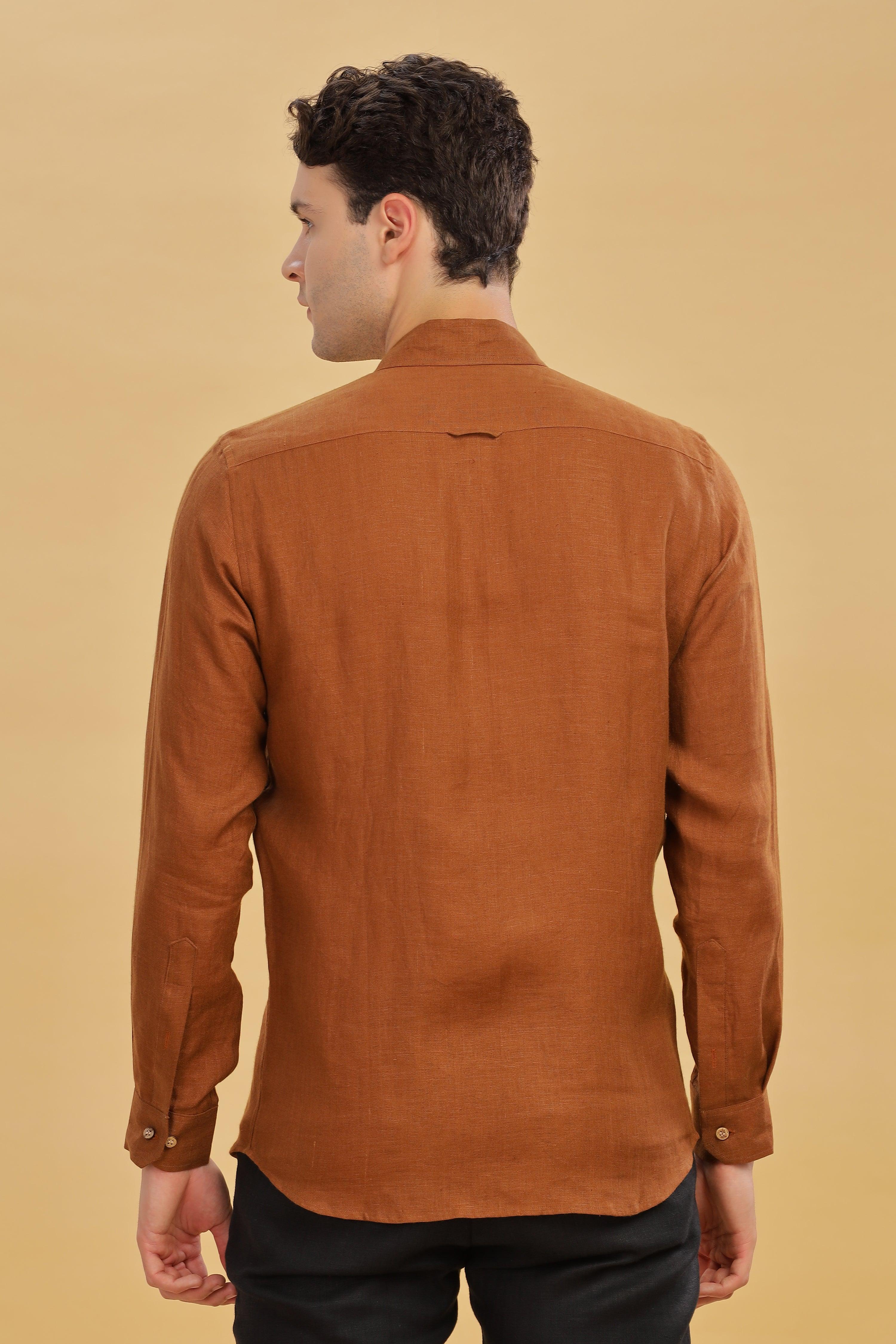 KARL - The Rugged Gentleman Pure Linen Double Pocket Coffee Brown Shirt