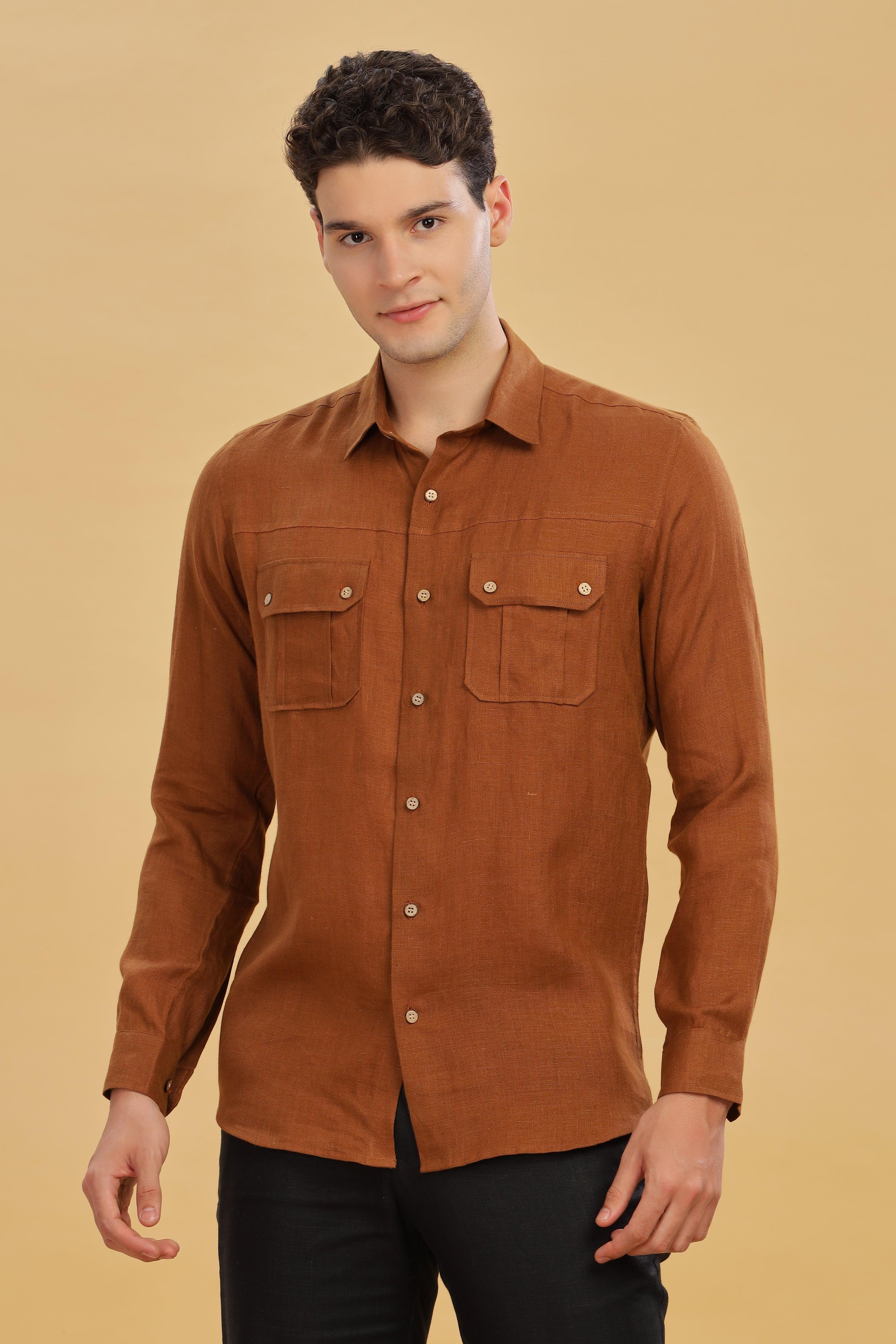 KARL - The Rugged Gentleman Pure Linen Double Pocket Coffee Brown Shirt