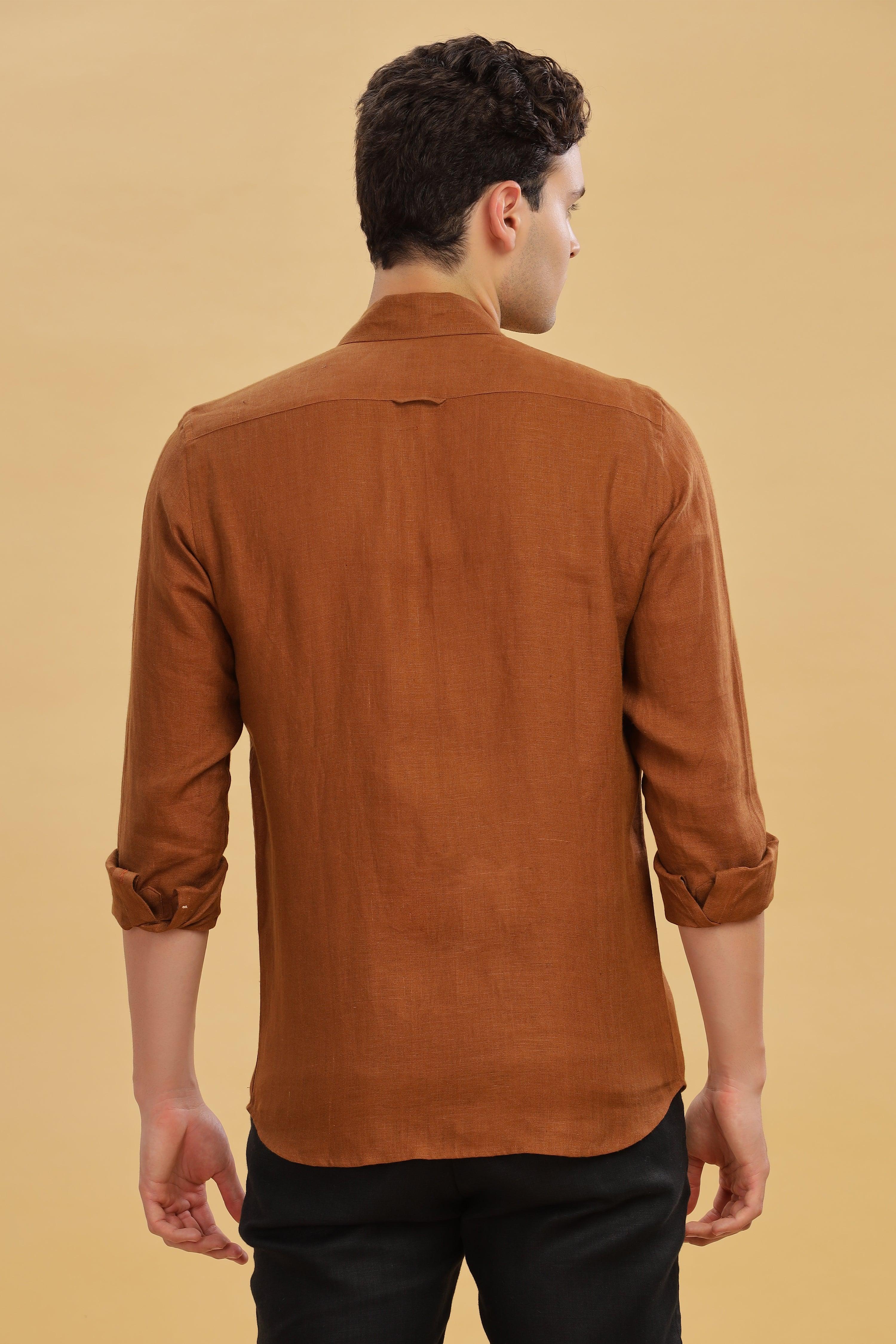 KARL - The Rugged Gentleman Pure Linen Double Pocket Coffee Brown Shirt