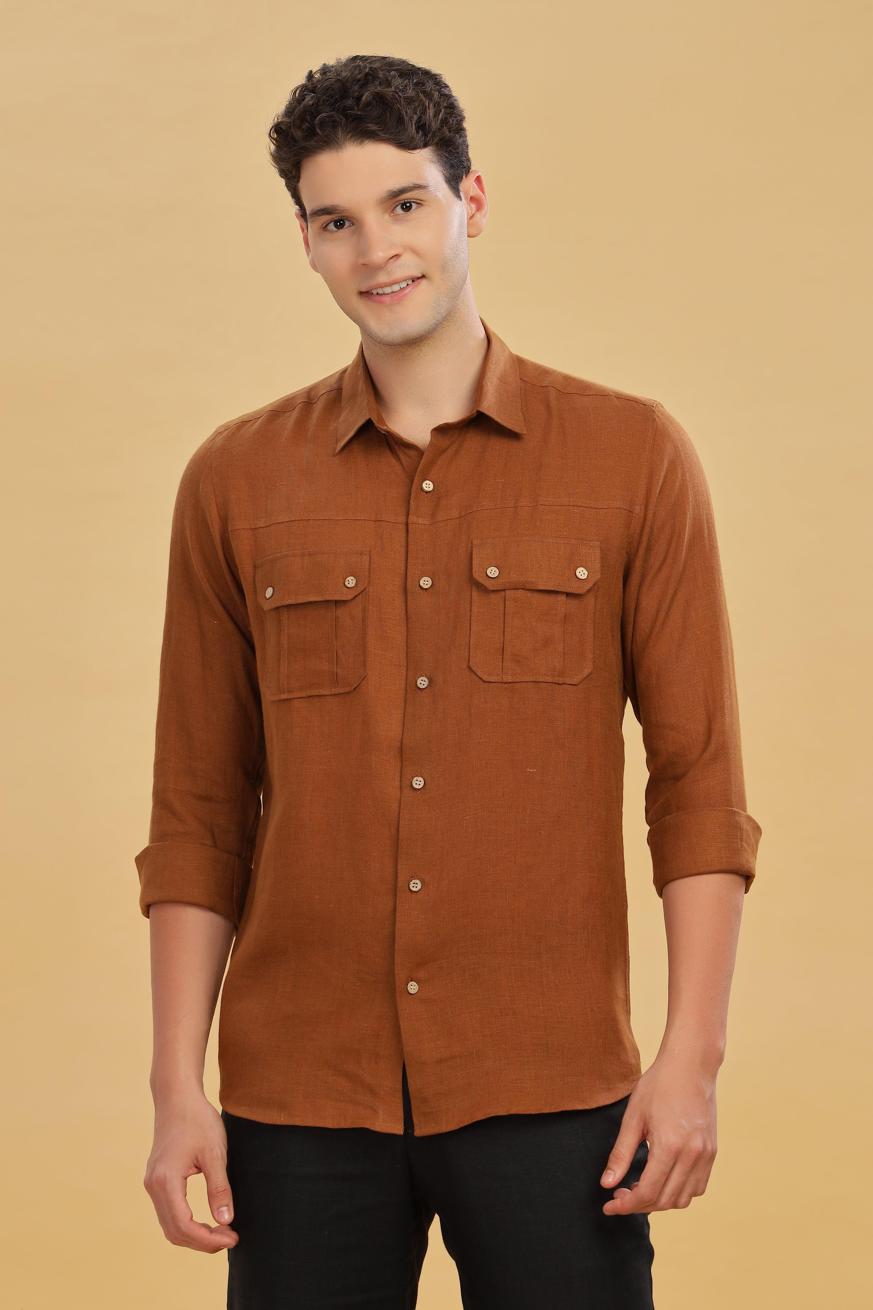 KARL - The Rugged Gentleman Pure Linen Double Pocket Coffee Brown Shirt