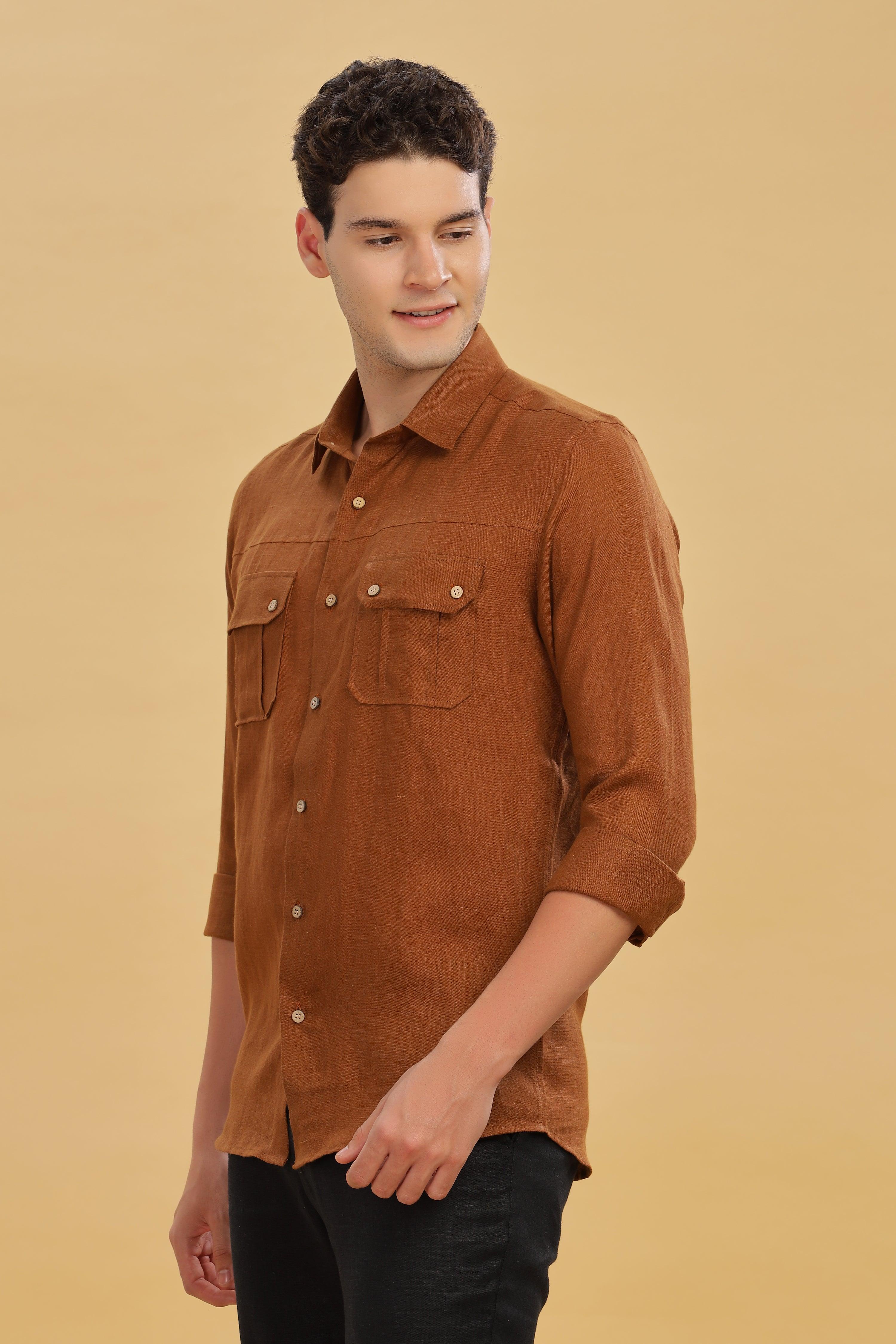 KARL - The Rugged Gentleman Pure Linen Double Pocket Coffee Brown Shirt