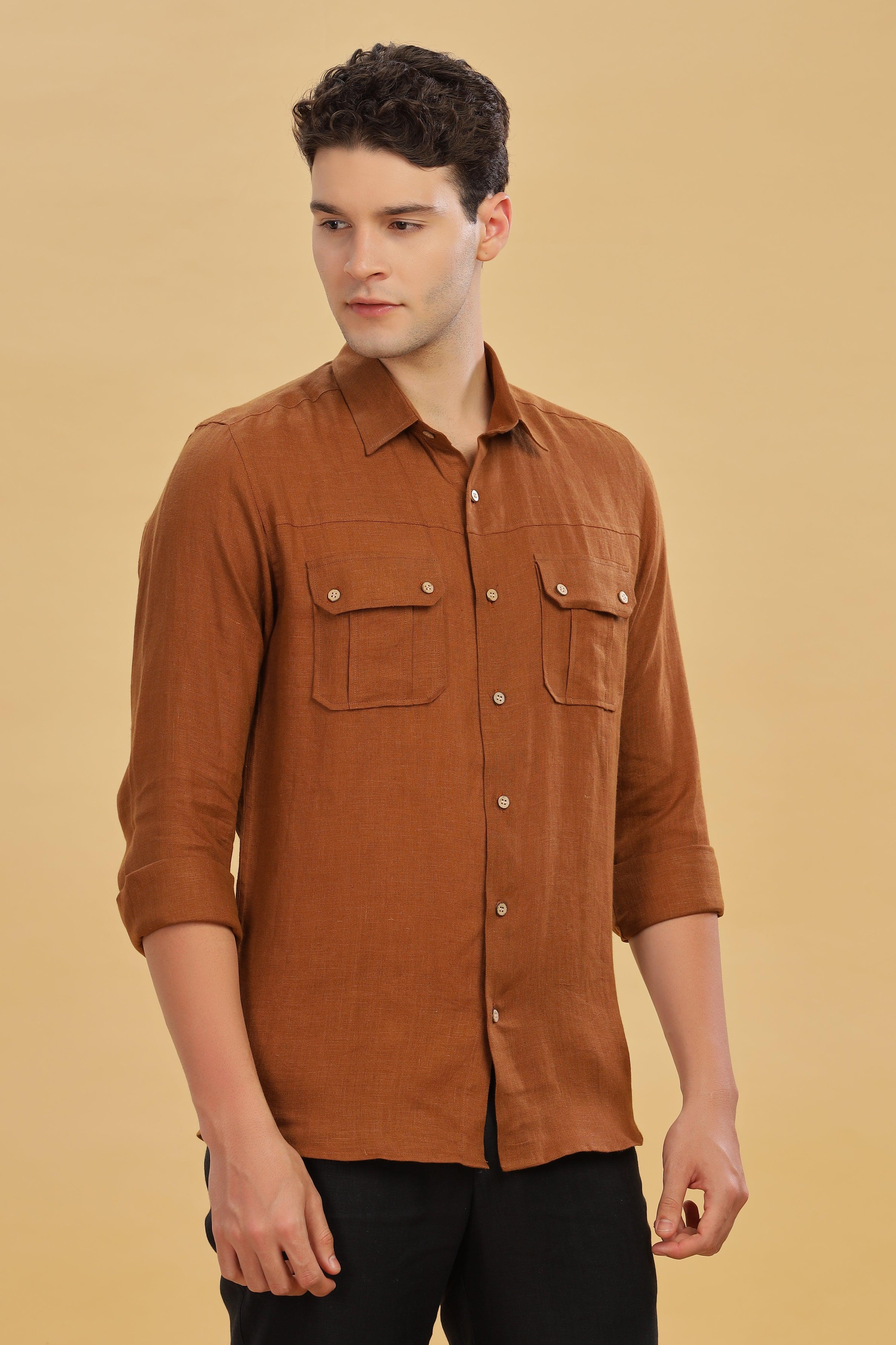 KARL - The Rugged Gentleman Pure Linen Double Pocket Coffee Brown Shirt