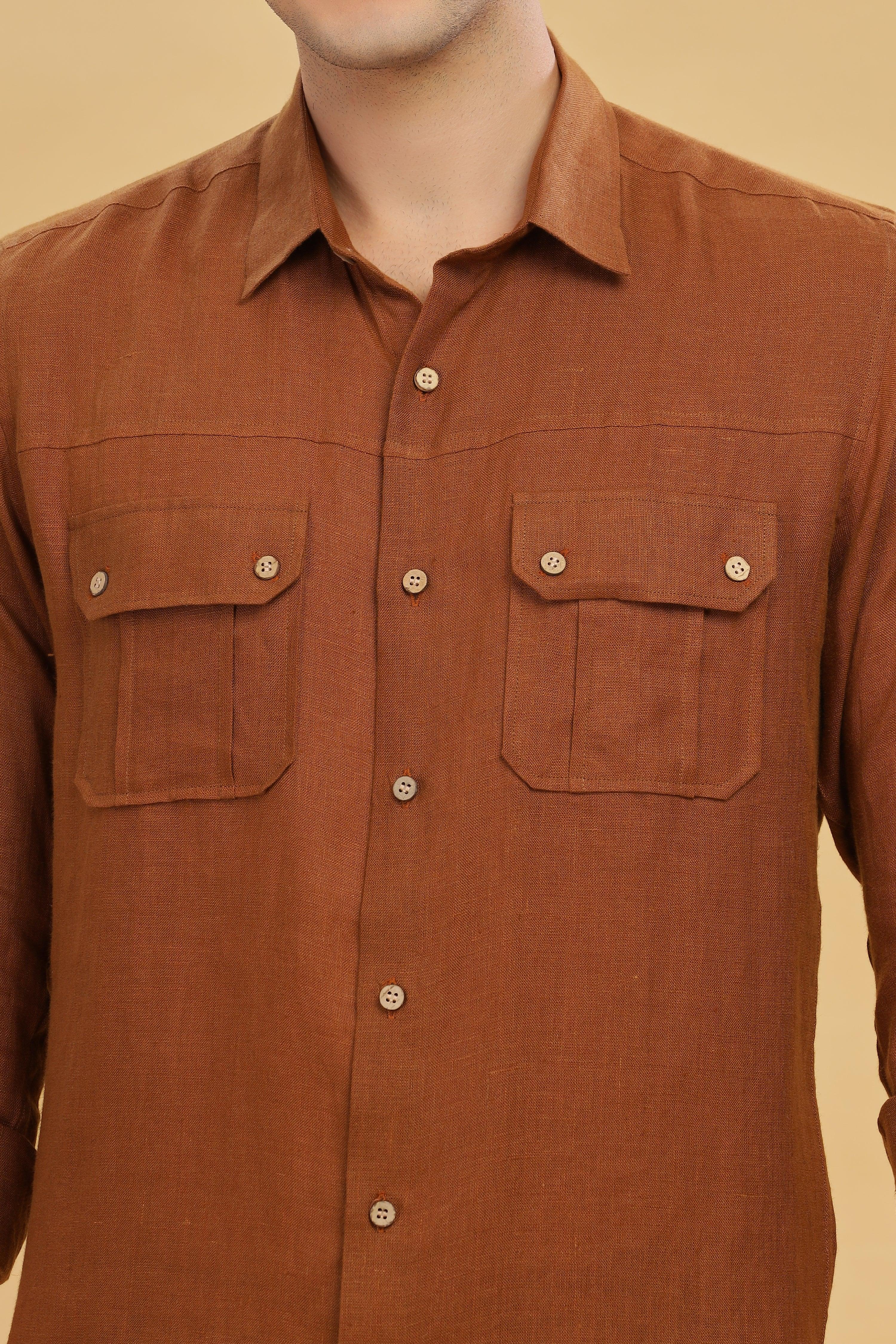 KARL - The Rugged Gentleman Pure Linen Double Pocket Coffee Brown Shirt