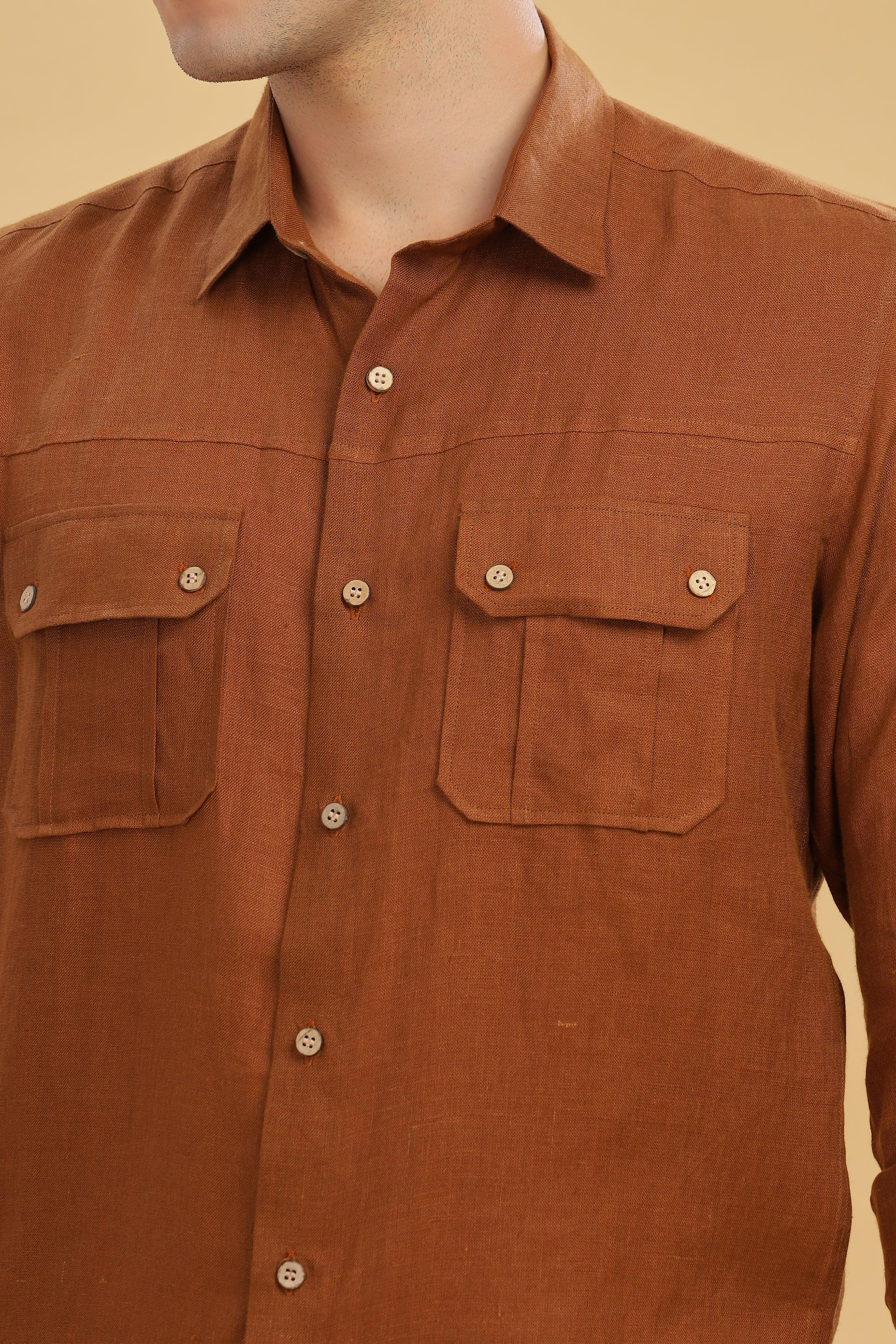 KARL - The Rugged Gentleman Pure Linen Double Pocket Coffee Brown Shirt
