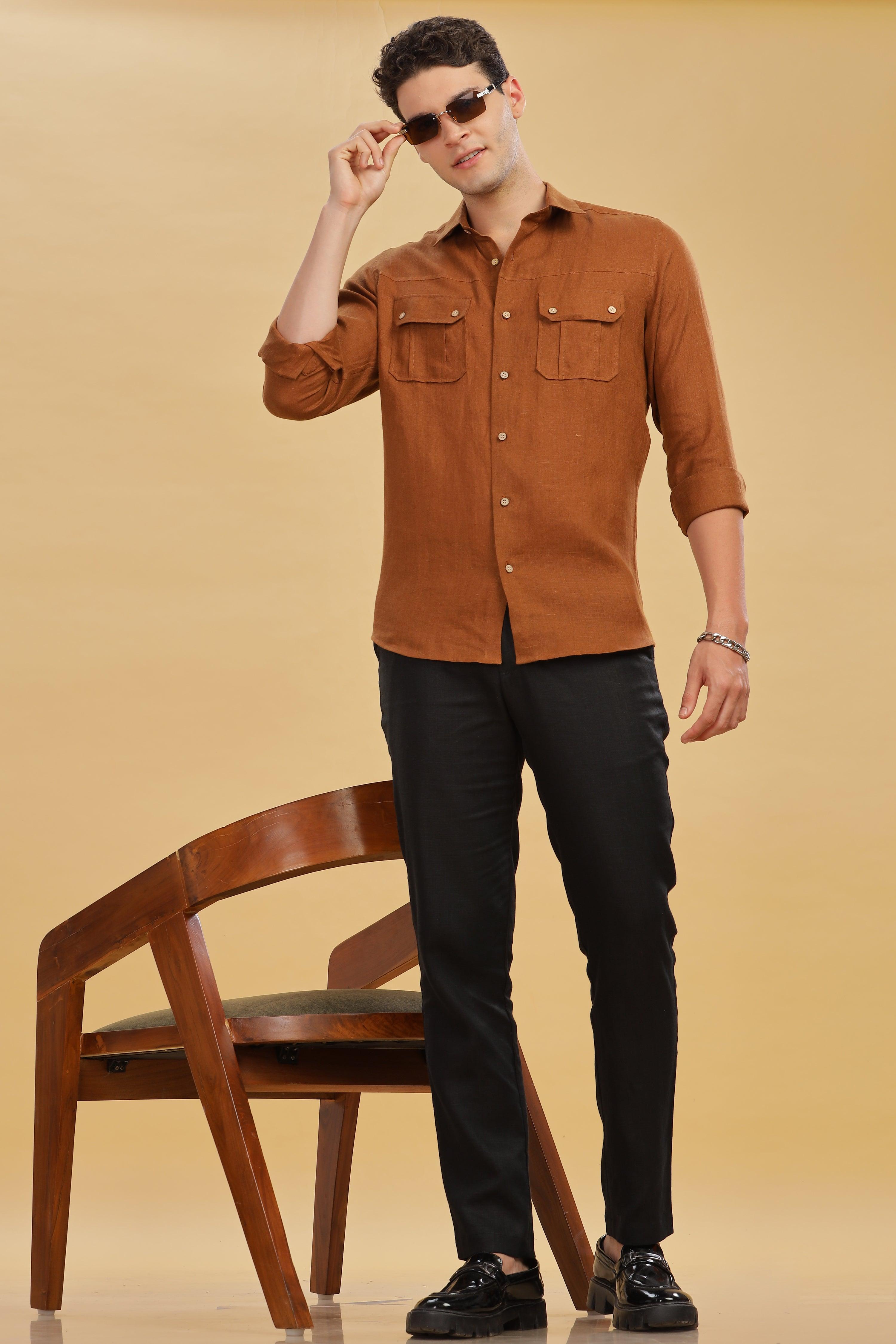 KARL - The Rugged Gentleman Pure Linen Double Pocket Coffee Brown Shirt