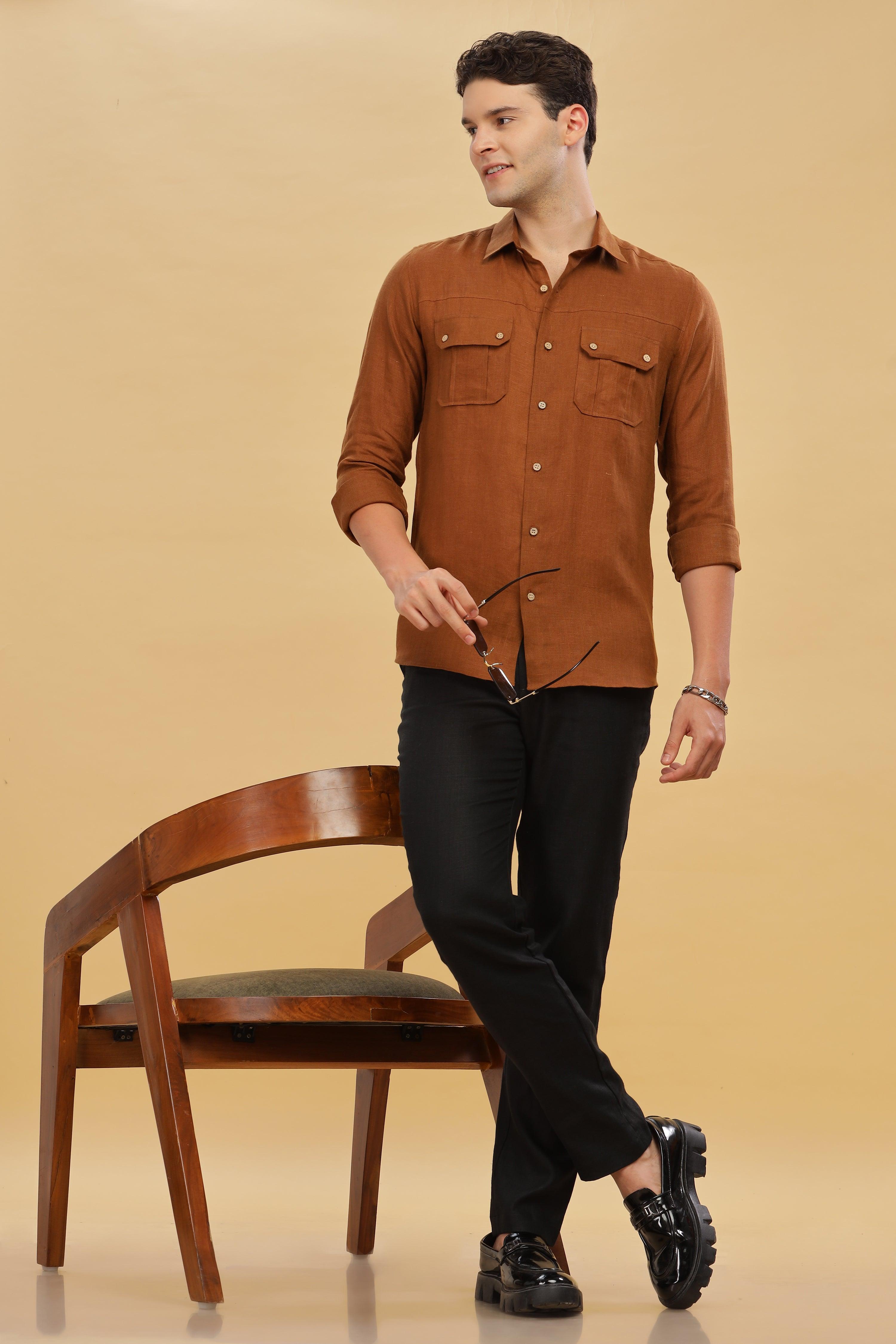 KARL - The Rugged Gentleman Pure Linen Double Pocket Coffee Brown Shirt