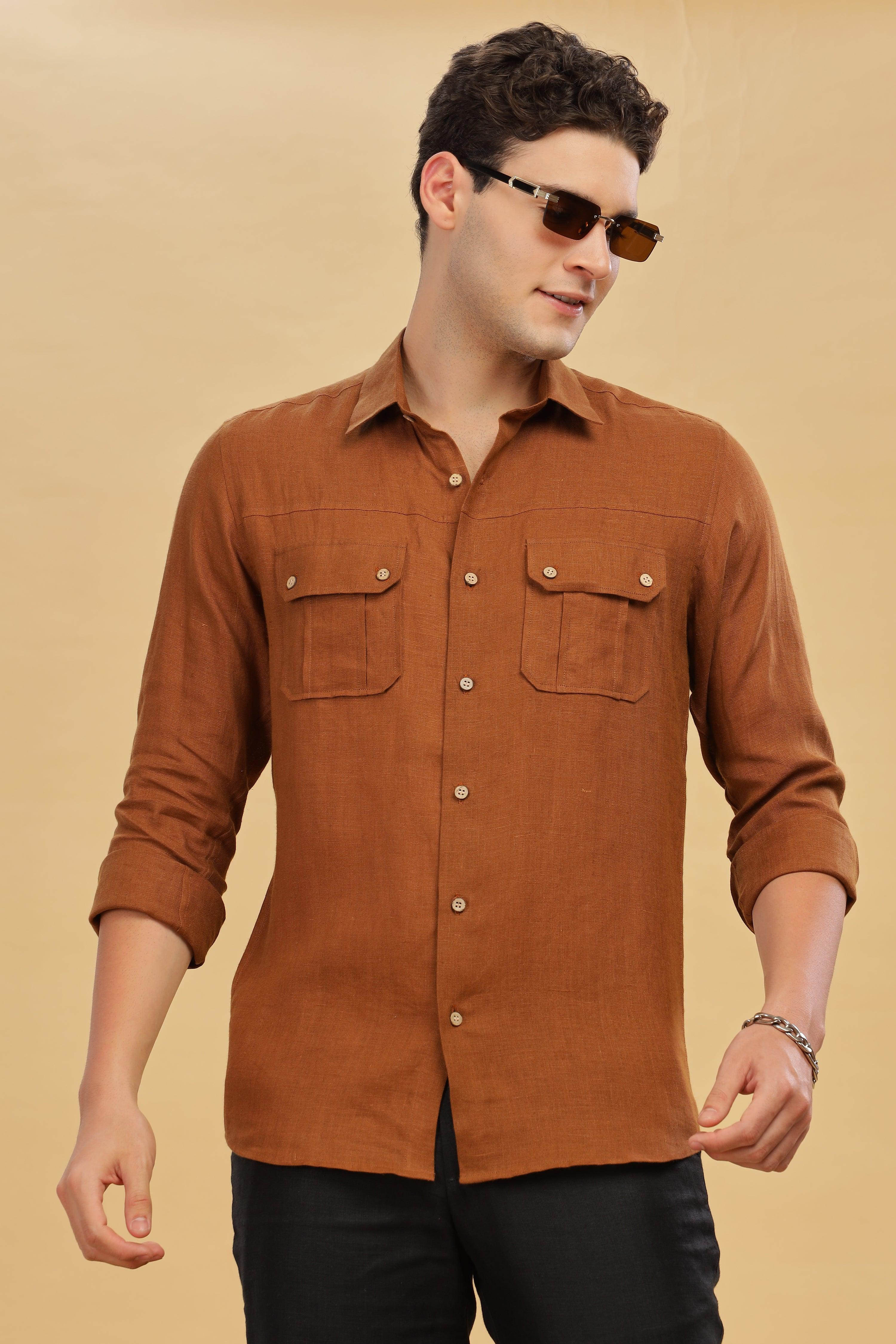 KARL - The Rugged Gentleman Pure Linen Double Pocket Coffee Brown Shirt