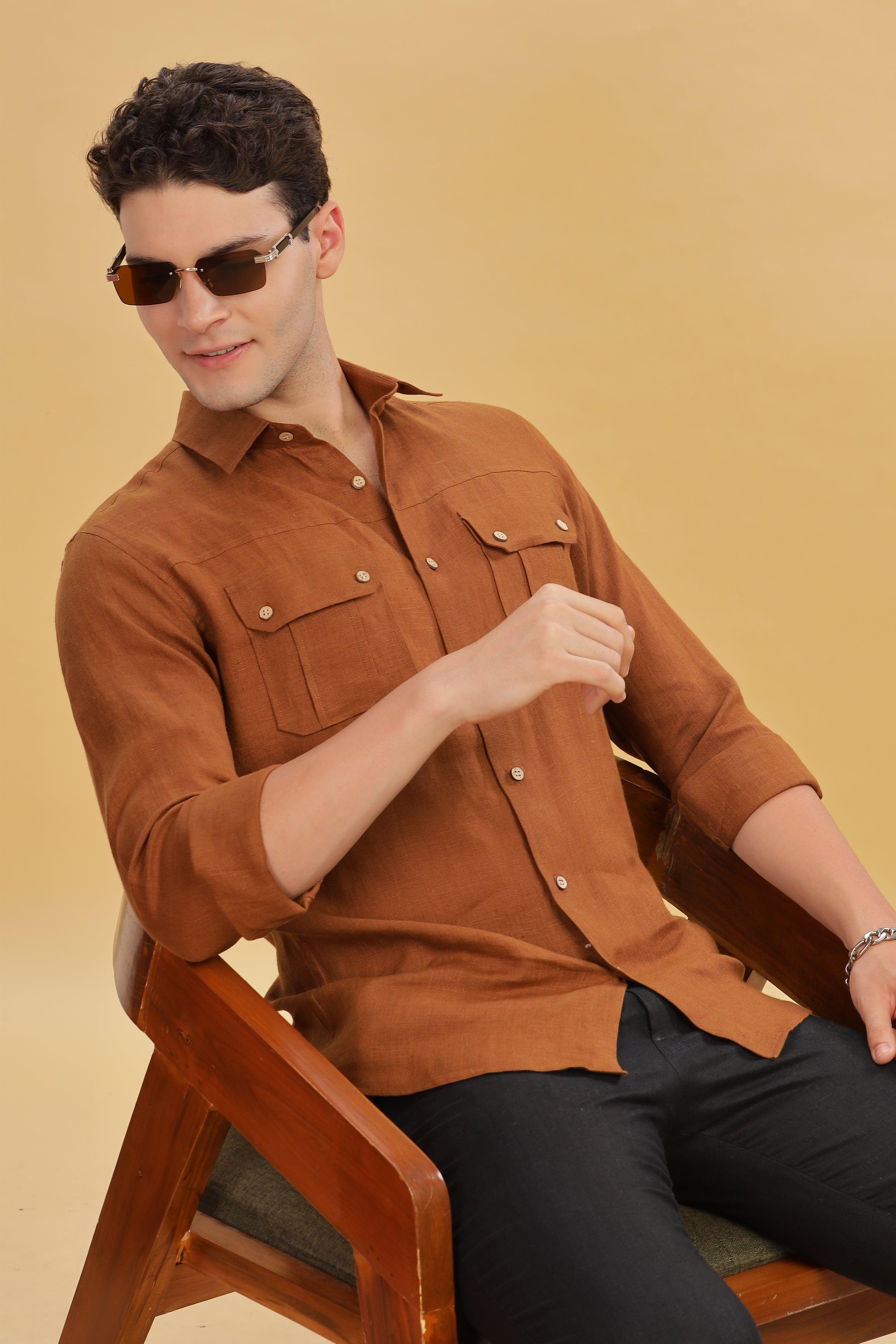 KARL - The Rugged Gentleman Pure Linen Double Pocket Coffee Brown Shirt