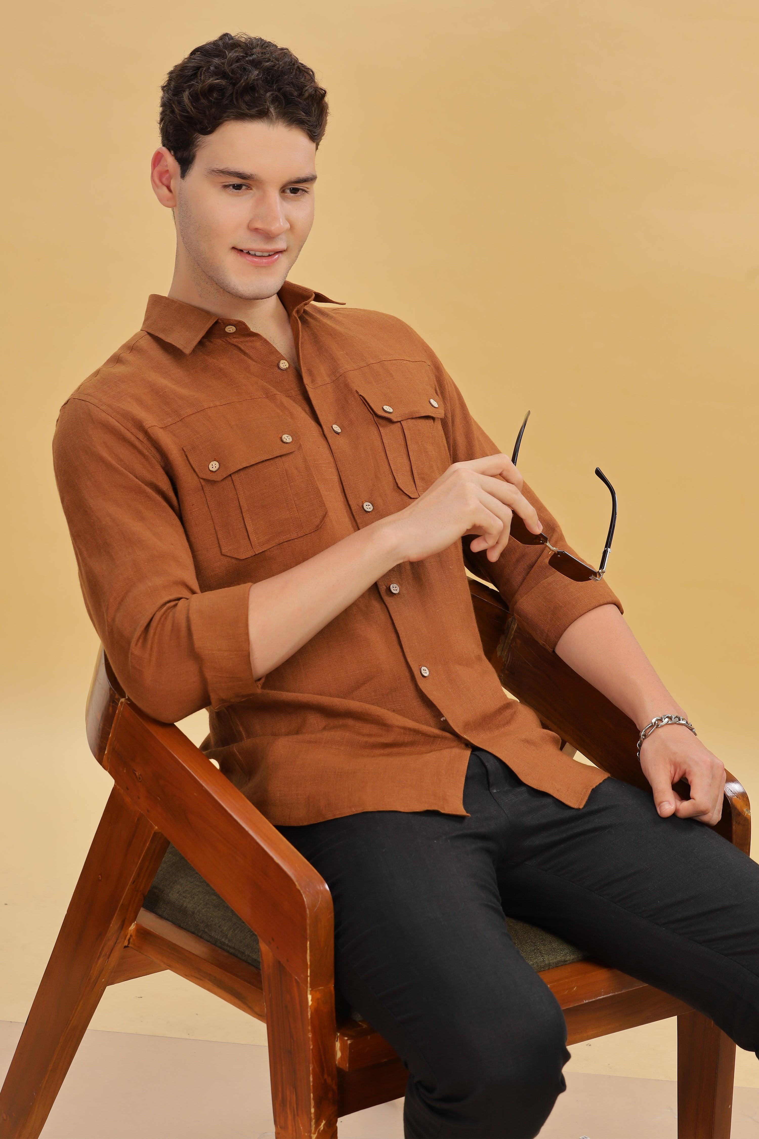 KARL - The Rugged Gentleman Pure Linen Double Pocket Coffee Brown Shirt
