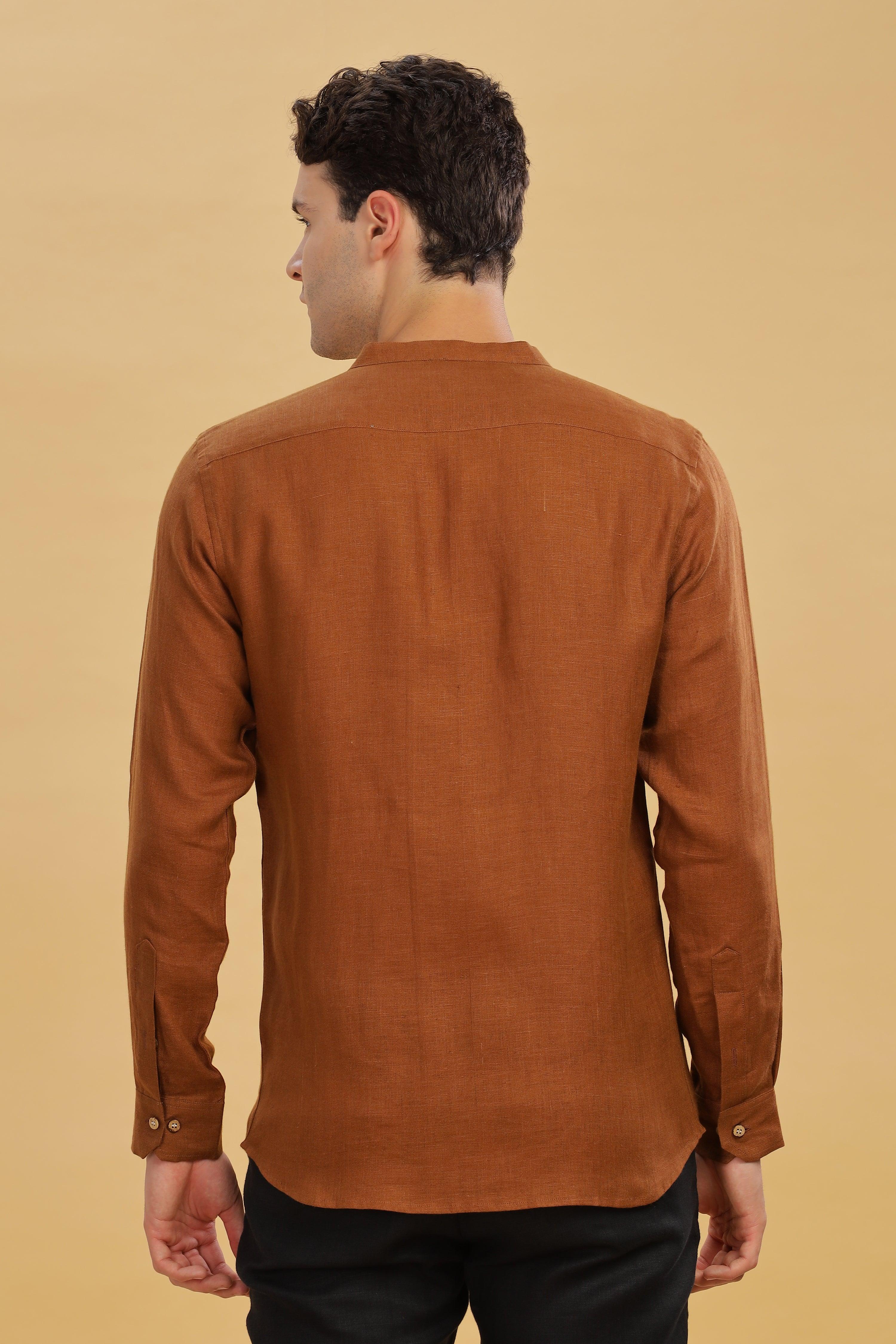 HAN - Pure Linen Mandarin Collar Coffee Brown Shirt