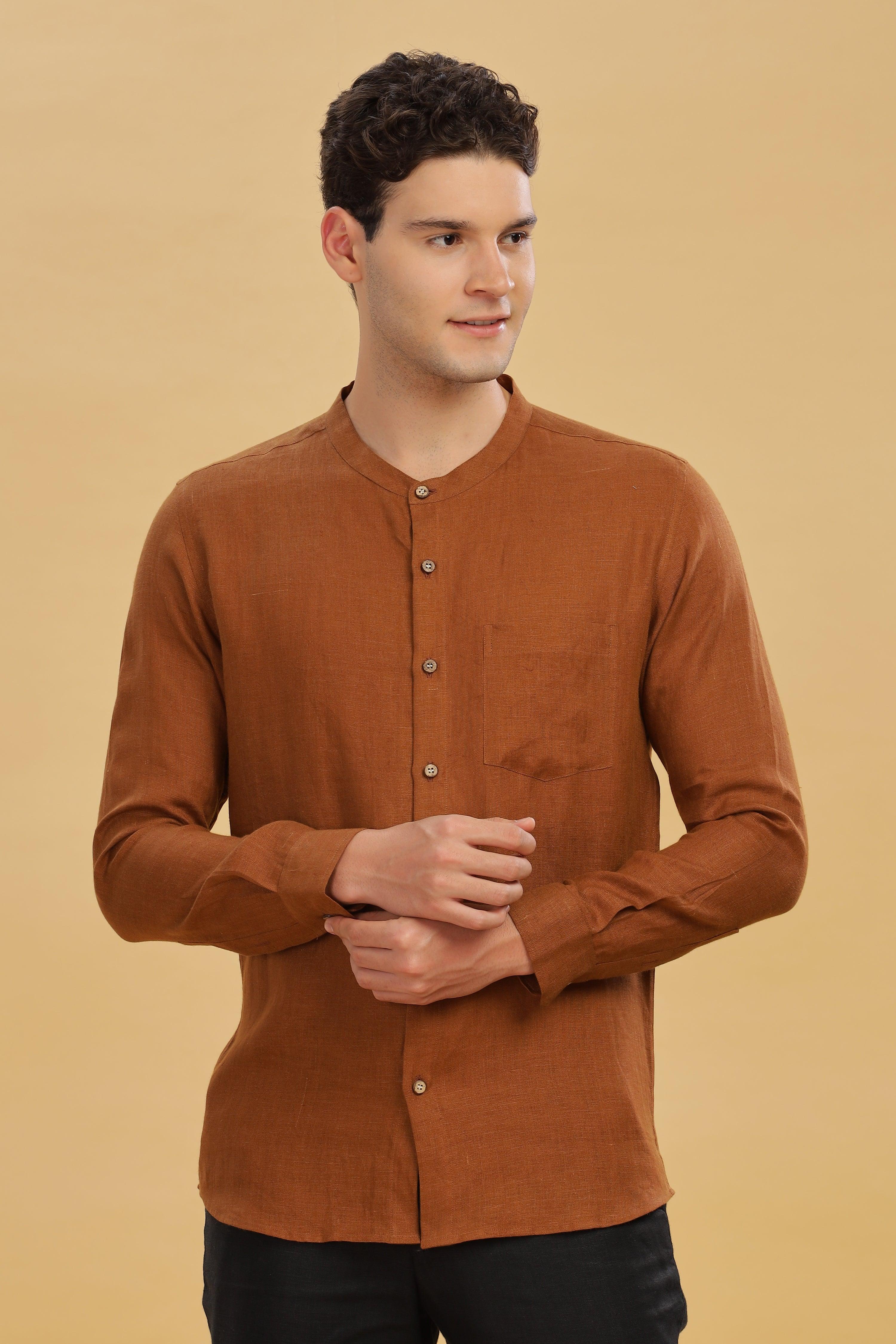 HAN - Pure Linen Mandarin Collar Coffee Brown Shirt
