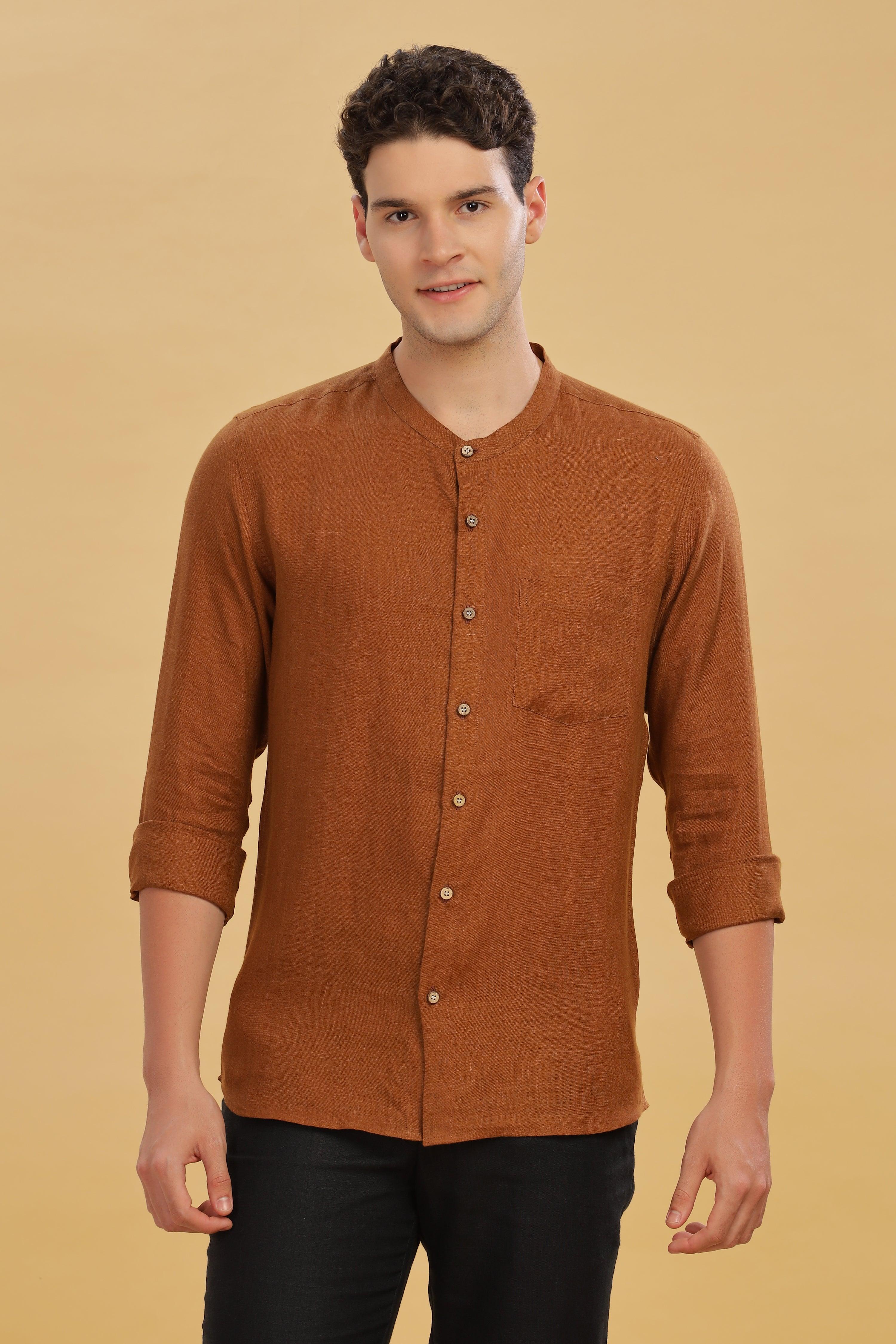 HAN - Pure Linen Mandarin Collar Coffee Brown Shirt