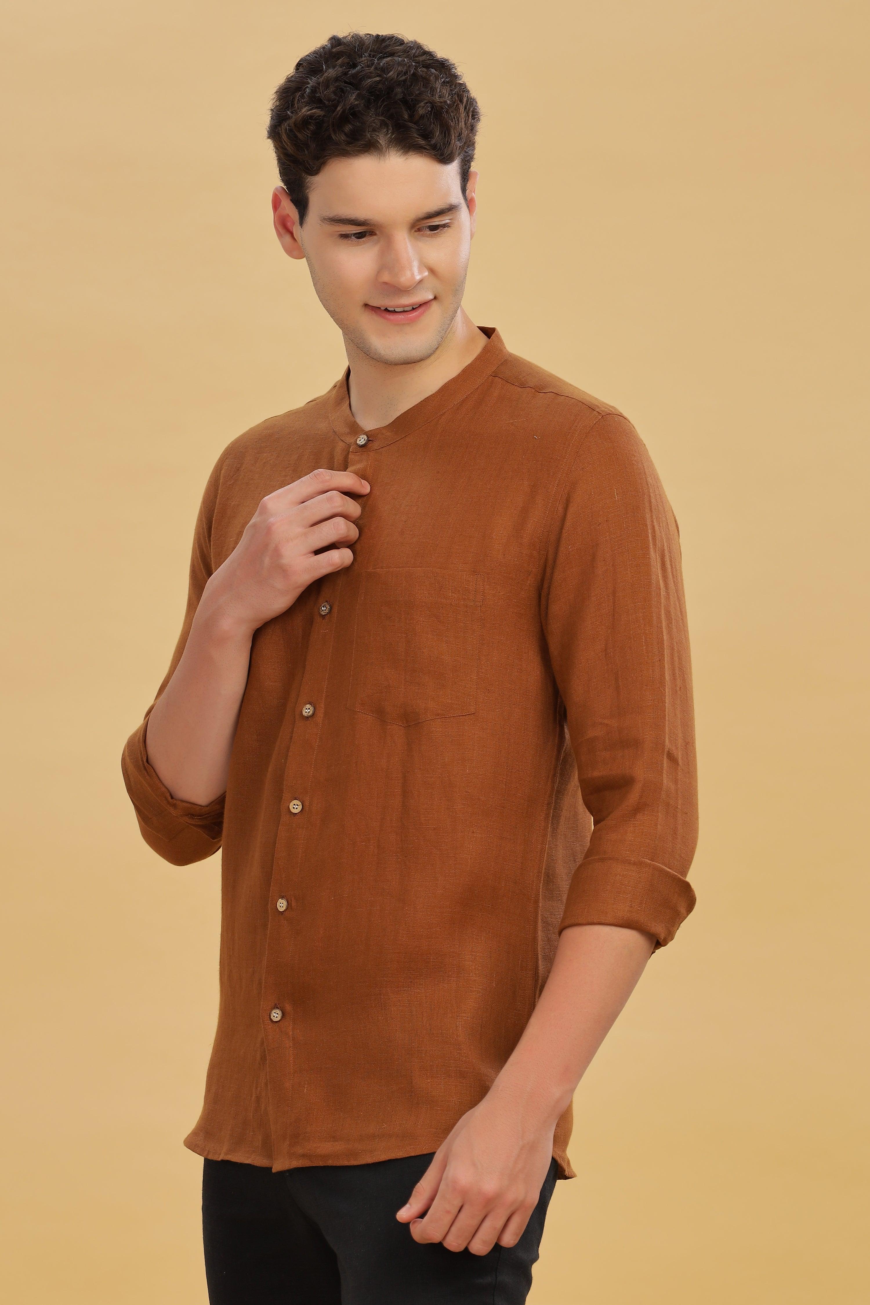 HAN - Pure Linen Mandarin Collar Coffee Brown Shirt