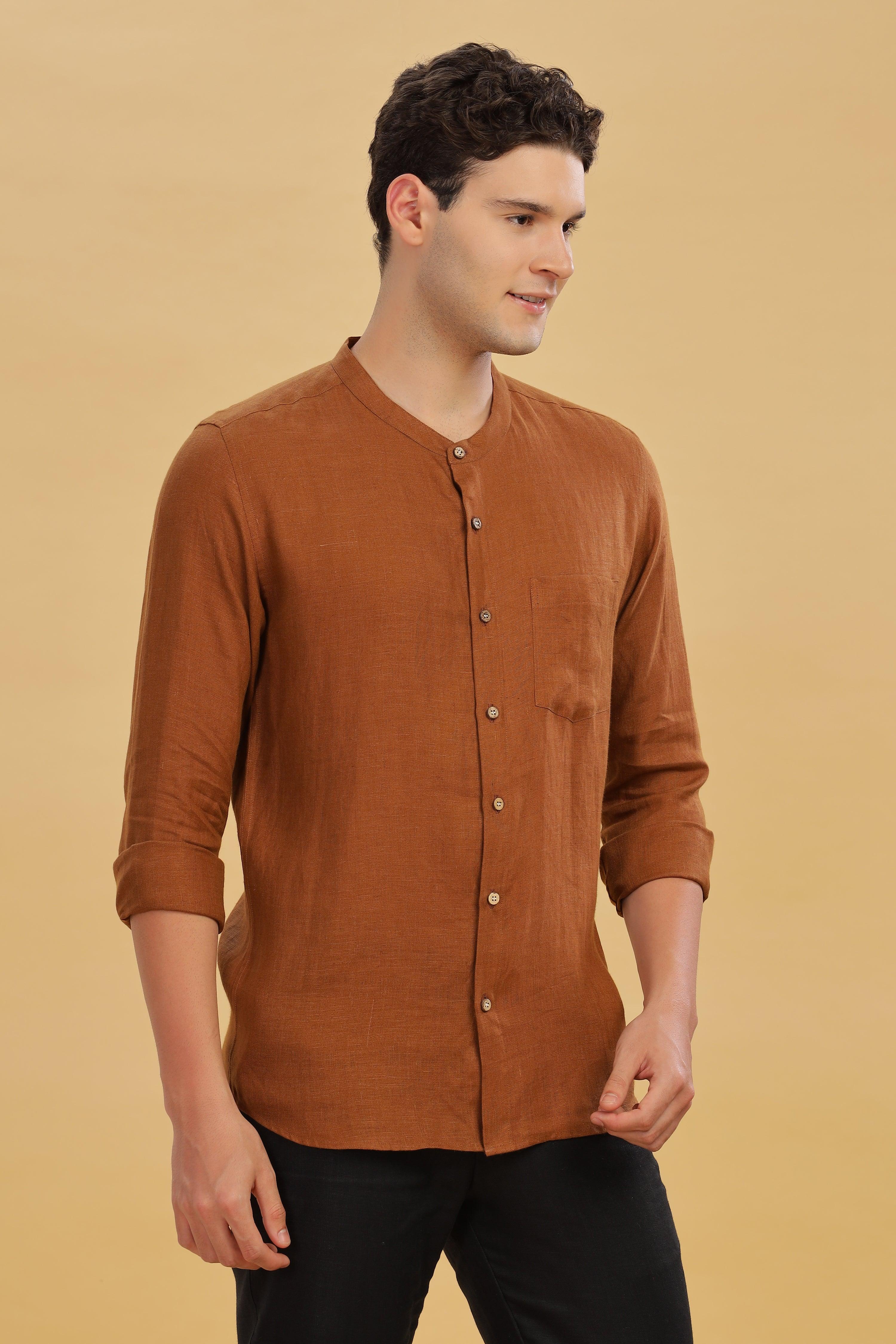 HAN - Pure Linen Mandarin Collar Coffee Brown Shirt