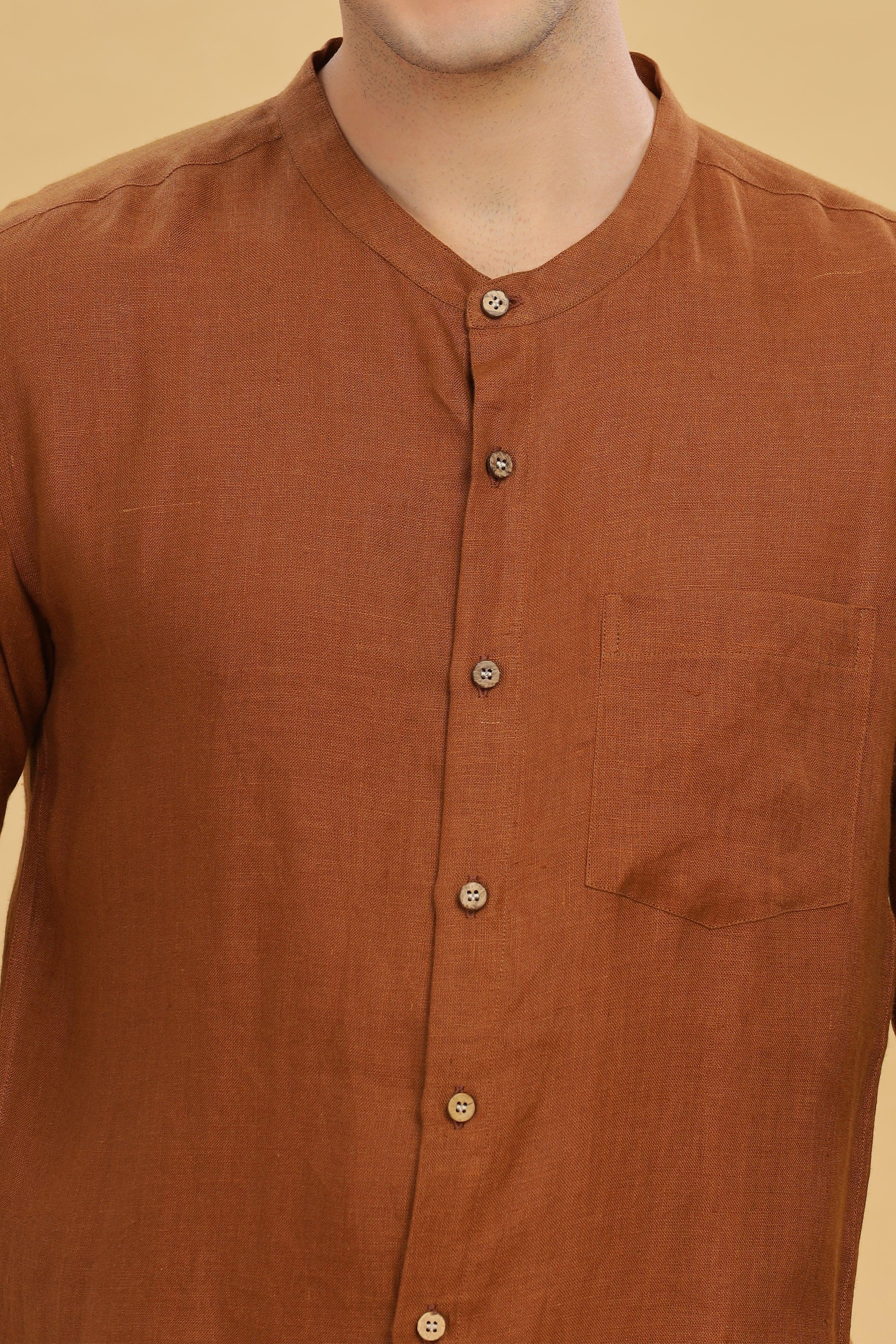 HAN - Pure Linen Mandarin Collar Coffee Brown Shirt