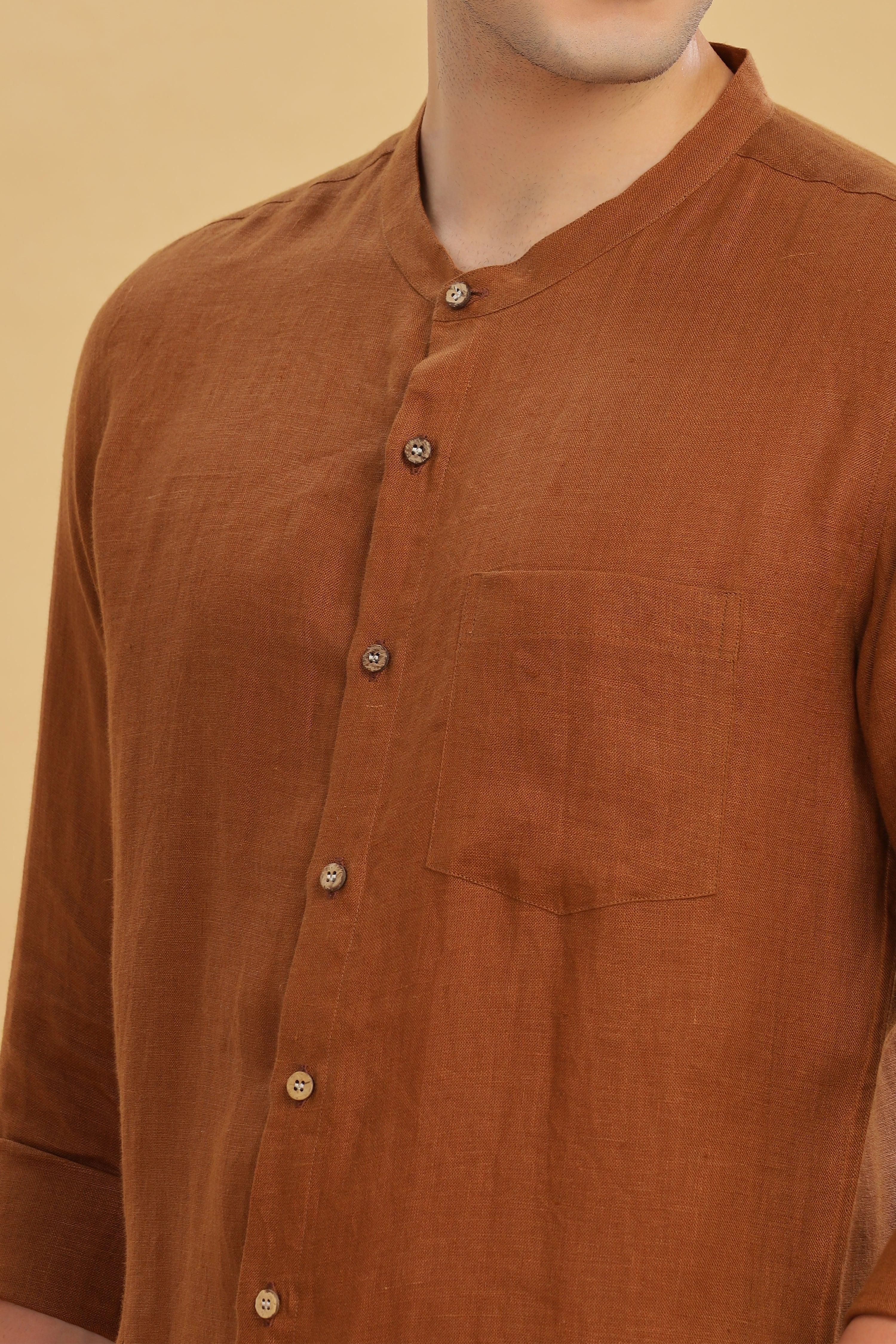 HAN - Pure Linen Mandarin Collar Coffee Brown Shirt