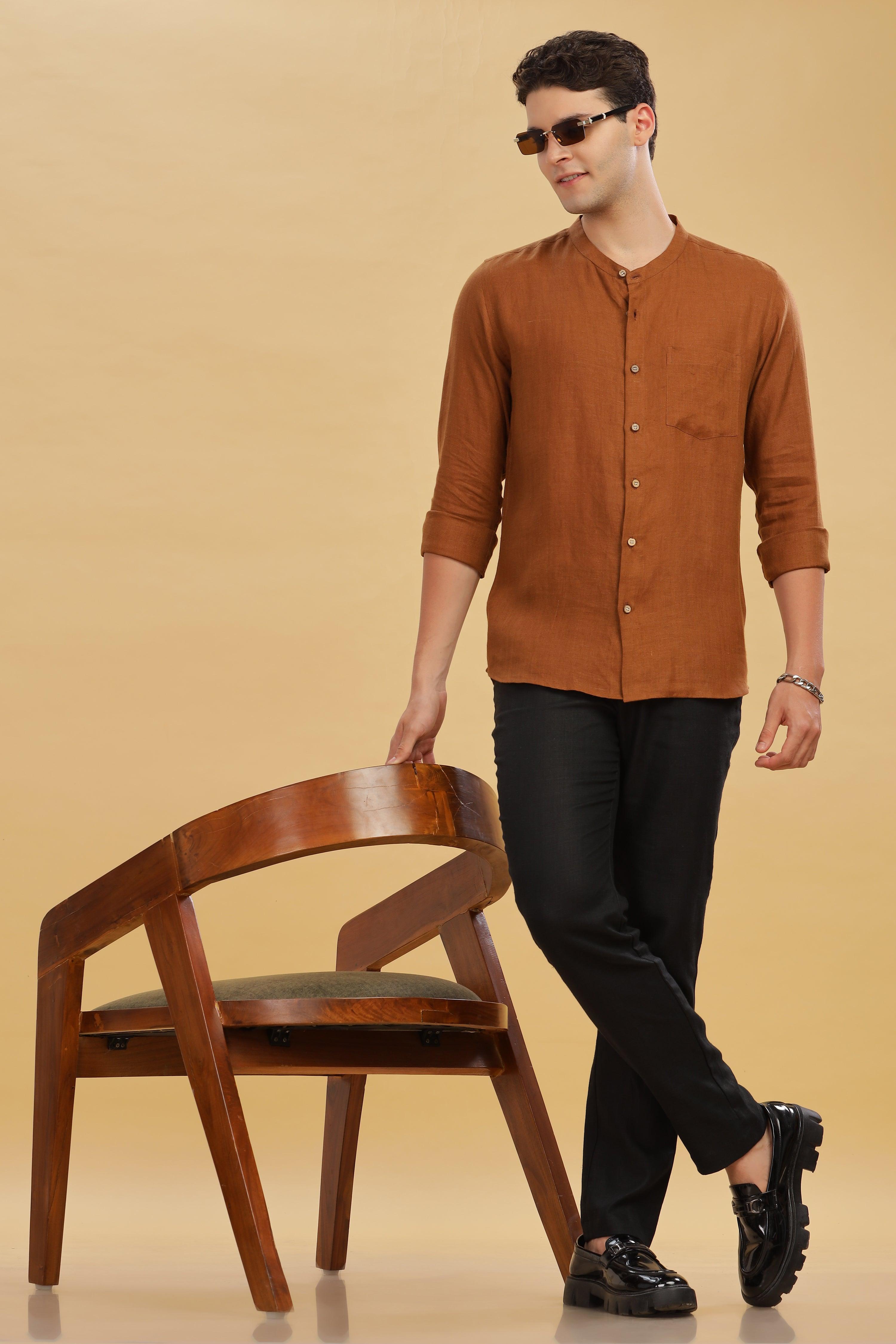 HAN - Pure Linen Mandarin Collar Coffee Brown Shirt
