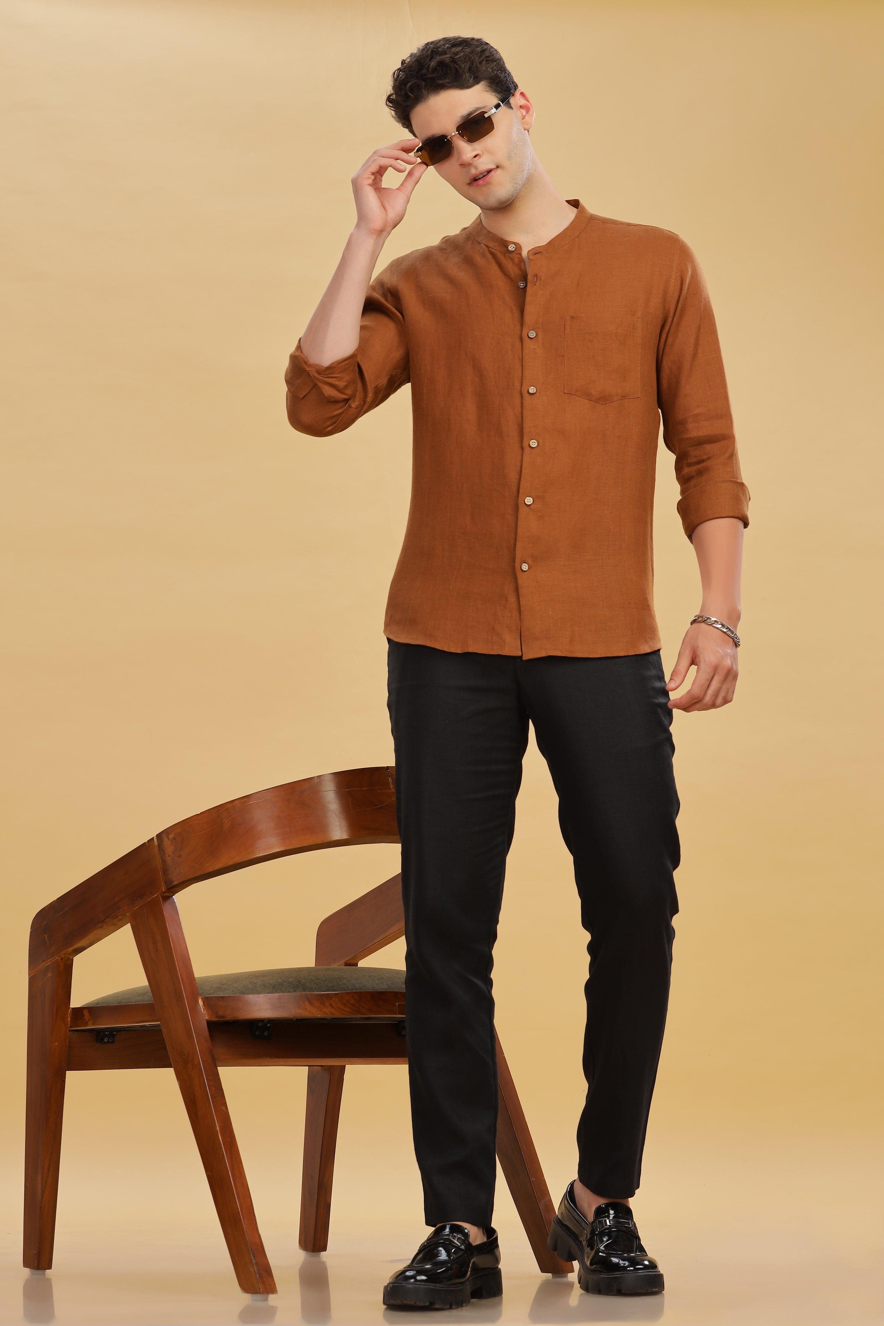 HAN - Pure Linen Mandarin Collar Coffee Brown Shirt