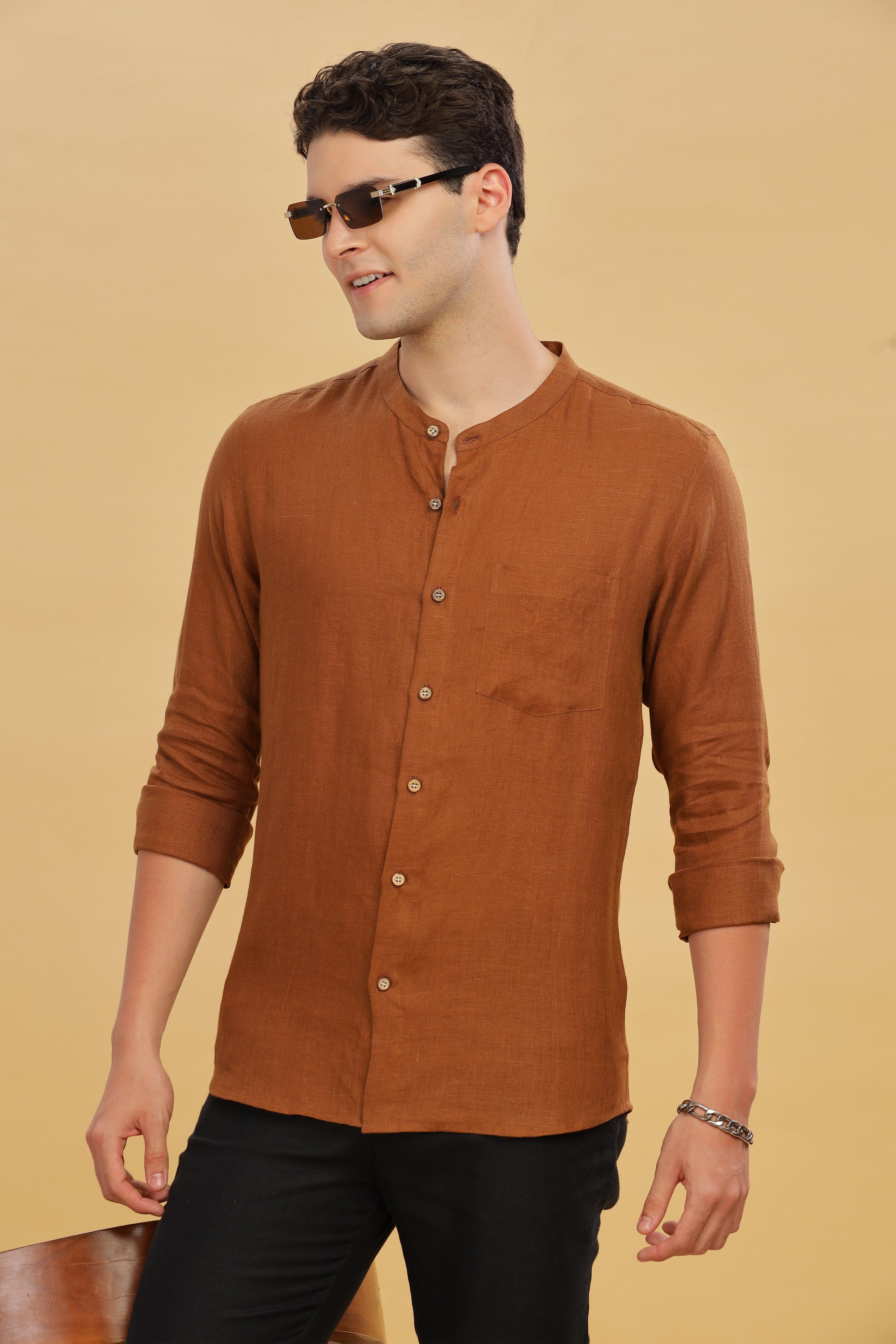 HAN - Pure Linen Mandarin Collar Coffee Brown Shirt